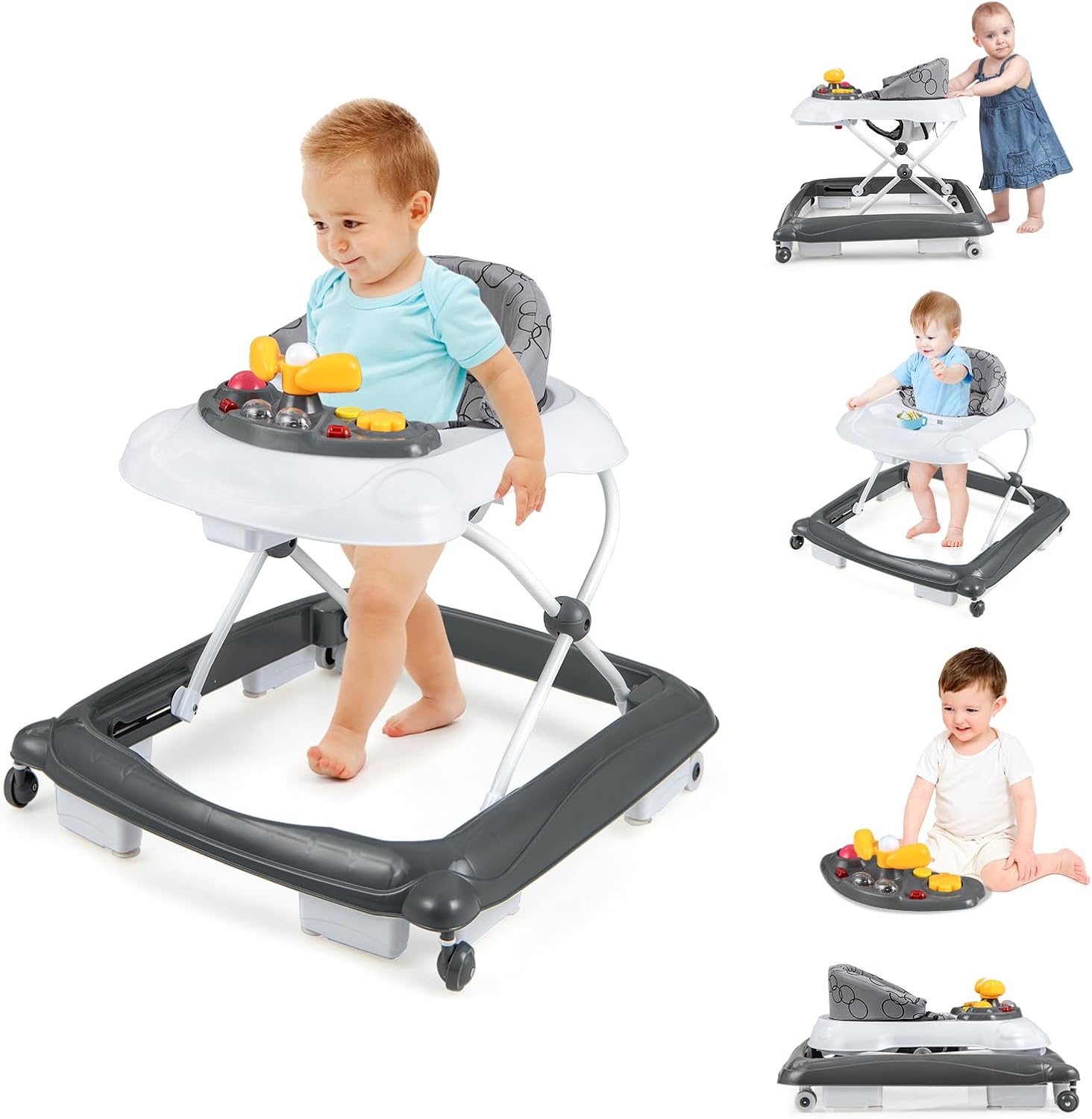 Foldable Baby Walker with 3 Adjustable Heights Comfy Padded Seat Lights and Music Tray
