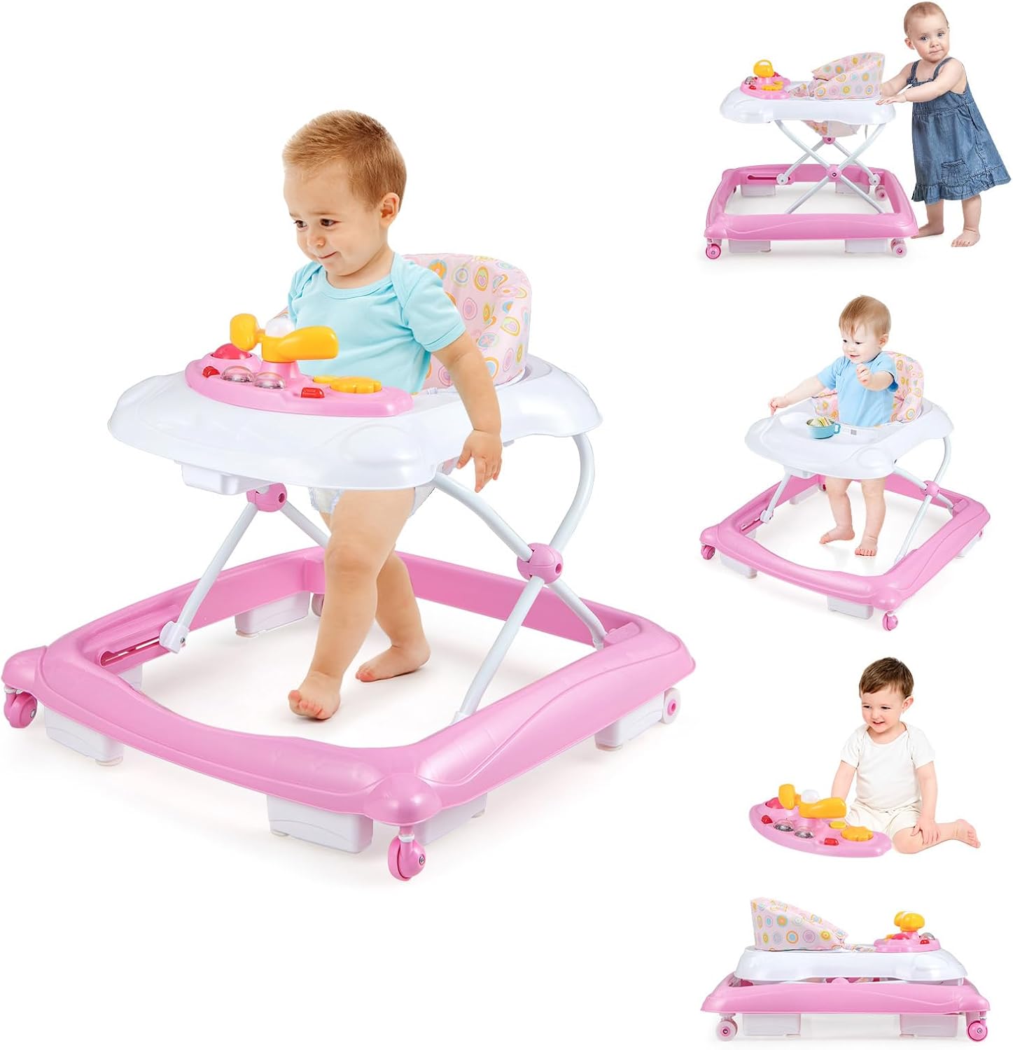 Foldable Baby Walker with 3 Adjustable Heights Comfy Padded Seat Lights and Music Tray