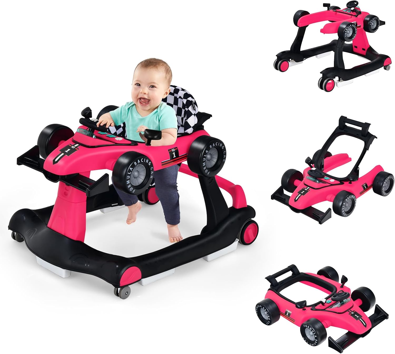 4-in-1 Foldable Activity Car Walker with Adjustable Height and Speed