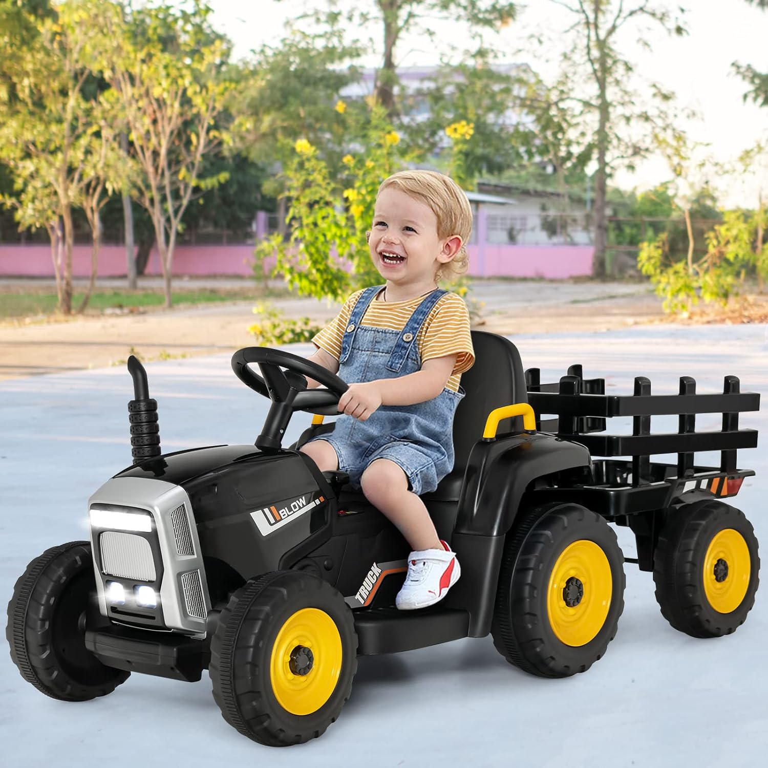 Kids Ride On Car, 12V Electric Ride On Tractor with Trailer for Children, Electric Toy Car for Over 3 w/Remote Control