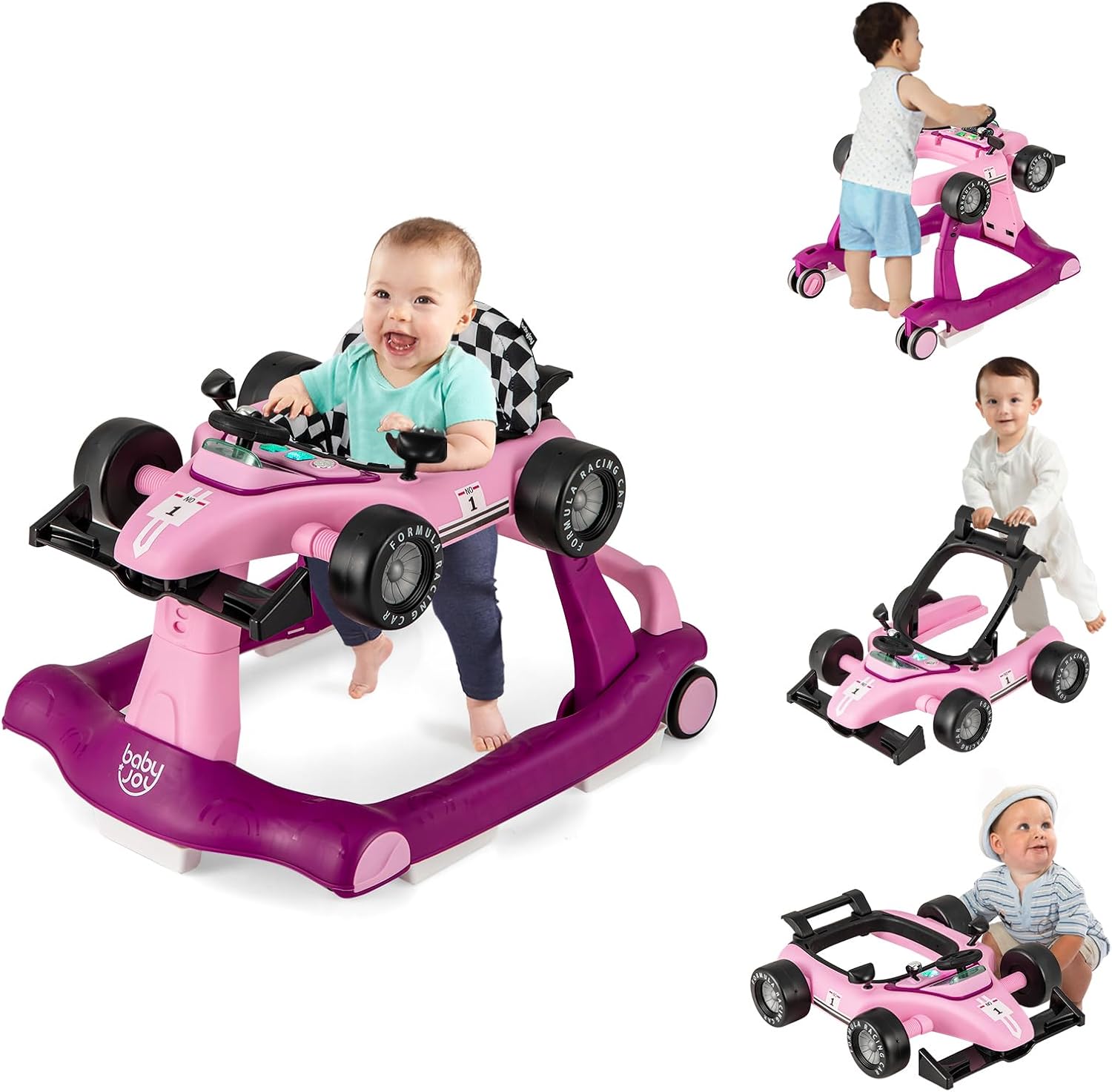 4-in-1 Foldable Activity Car Walker with Adjustable Height and Speed