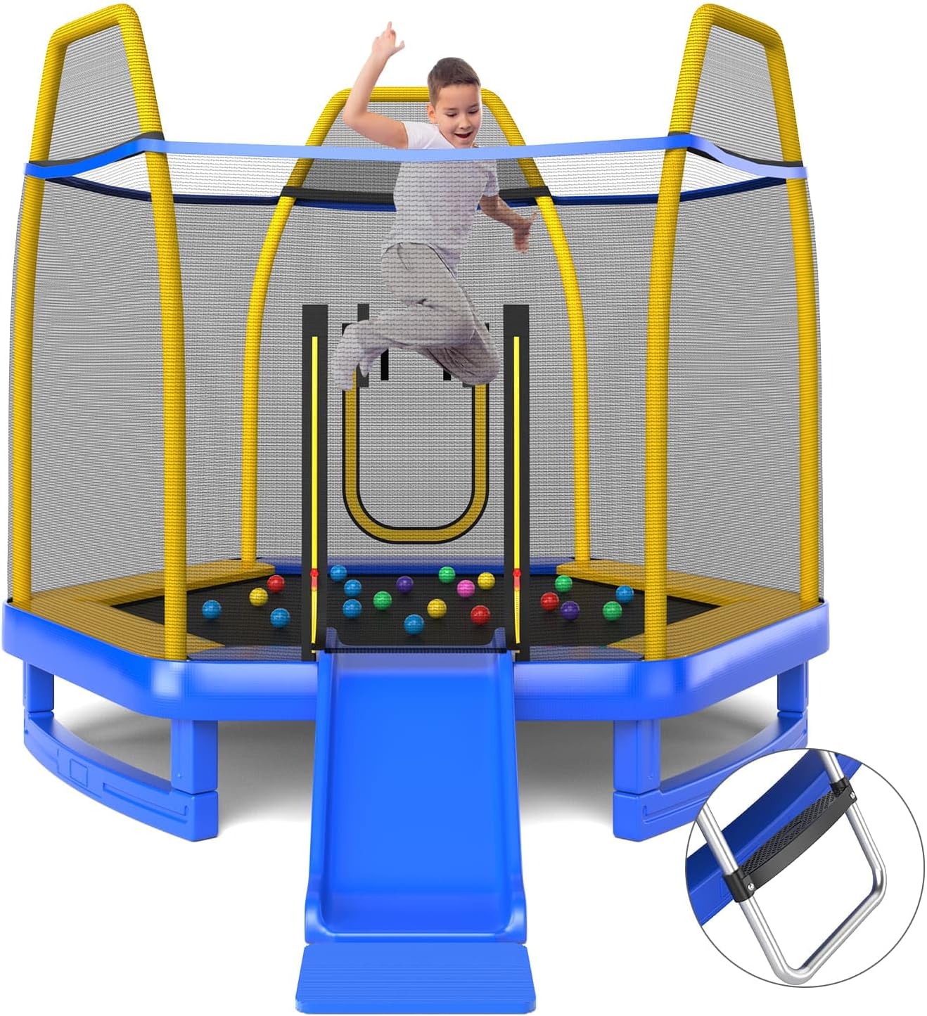 Trampoline for Kids, 7FT Kids Trampoline w/Slide, Ladder & Ocean Balls, Indoor Outdoor Trampoline