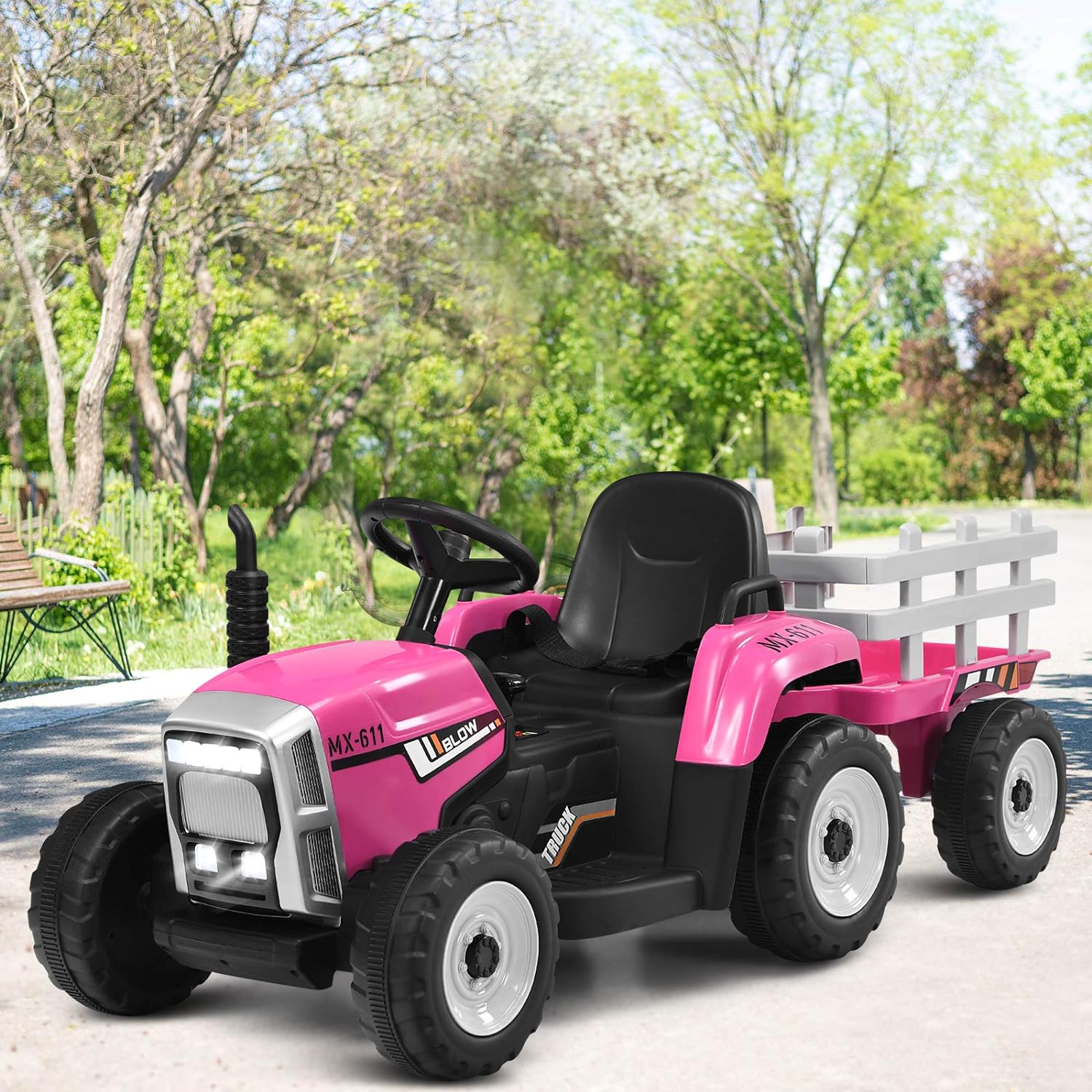 Kids Ride On Car, 12V Electric Ride On Tractor with Trailer for Children, Electric Toy Car for Over 3 w/Remote Control