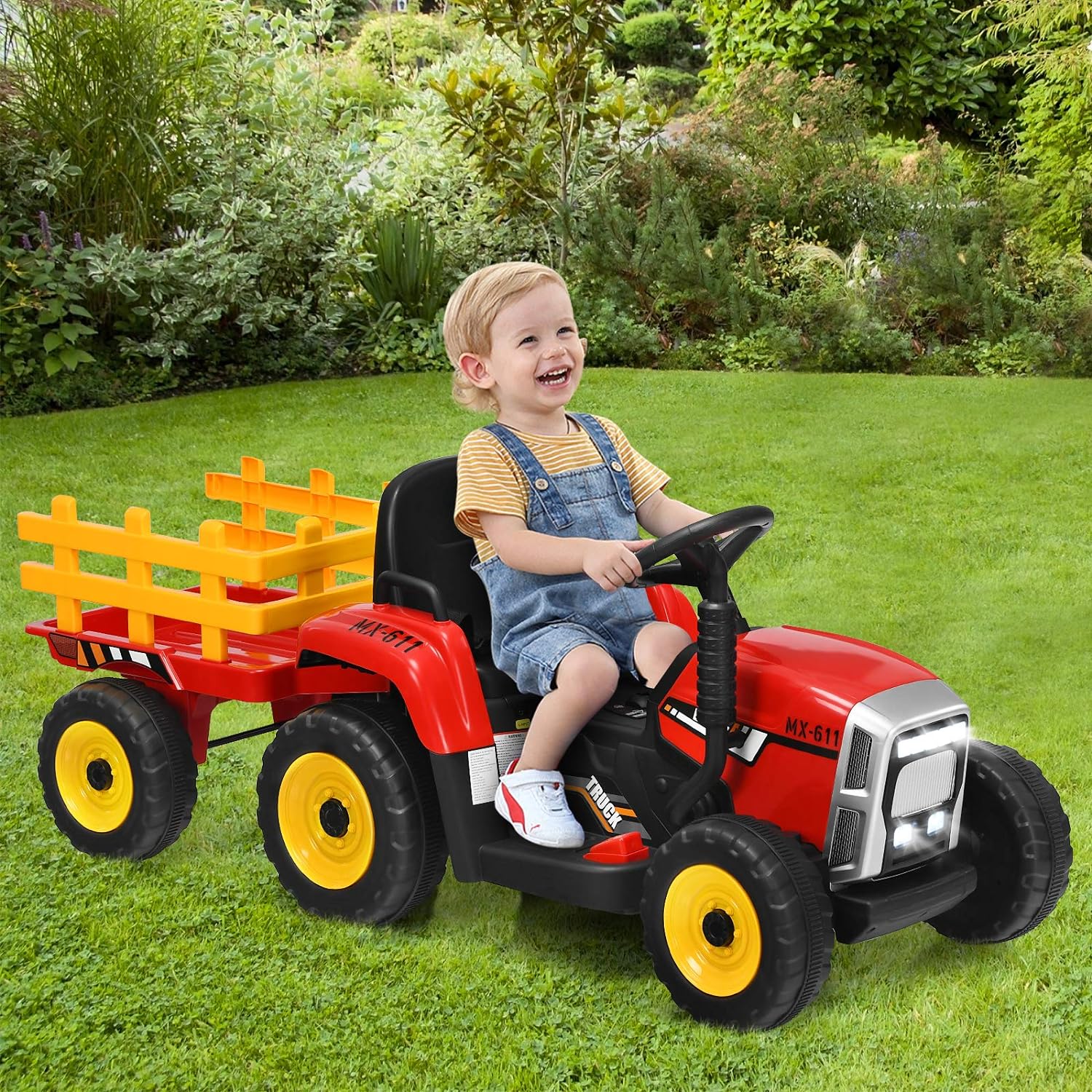 Kids Ride On Car, 12V Electric Ride On Tractor with Trailer for Children, Electric Toy Car for Over 3 w/Remote Control