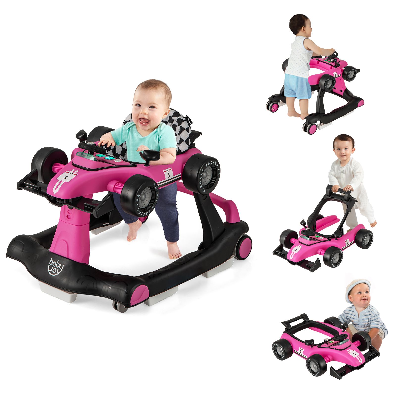 4-in-1 Foldable Activity Car Walker with Adjustable Height and Speed