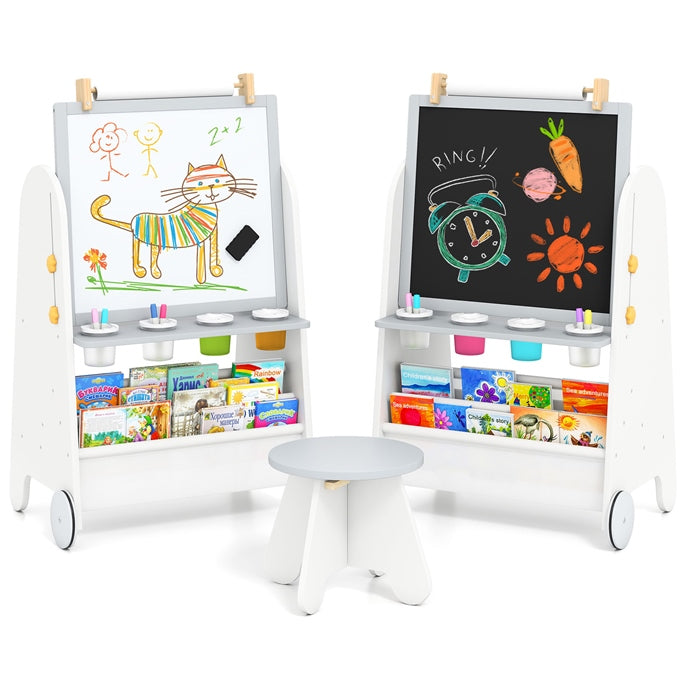 INFANS Easel for Kids with Stool, 4-in-1 Double-Sided Adjustable Magnetic Chalkboard with Paper Roll