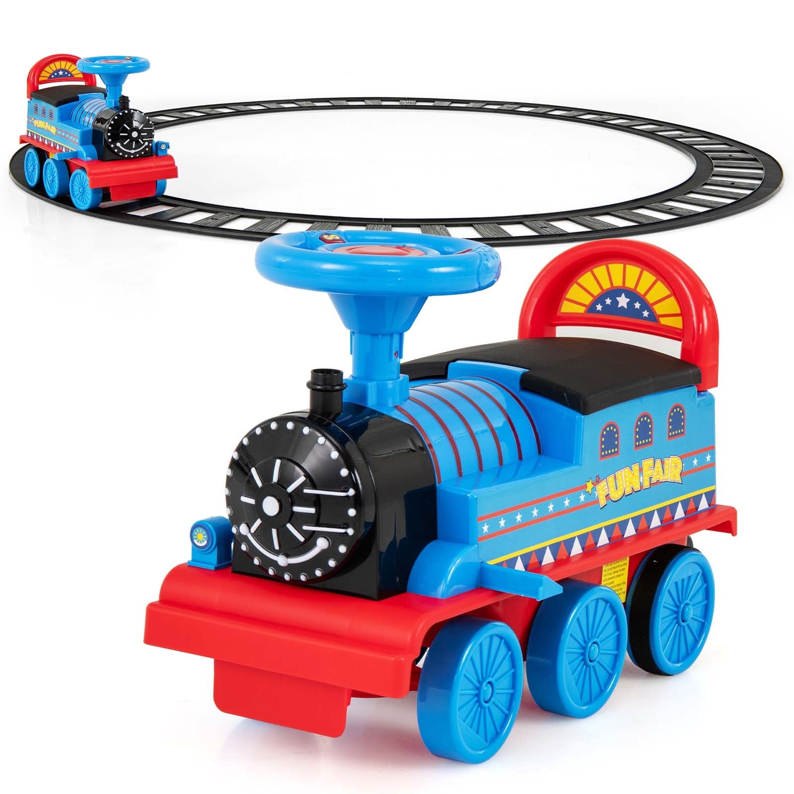 Ride on Train Track, 6V Electric Ride on Train with Tracks, Storage Seat, Flashing Lights & Music