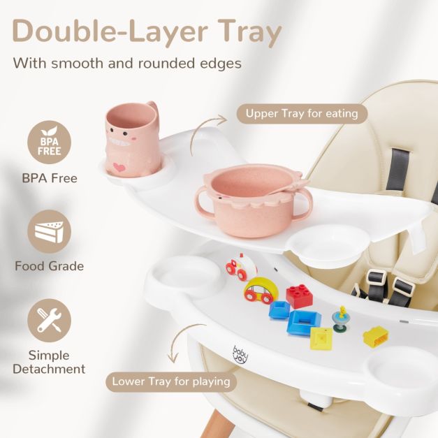 Wooden High Chair with Double 4-Gear Tray for Babies