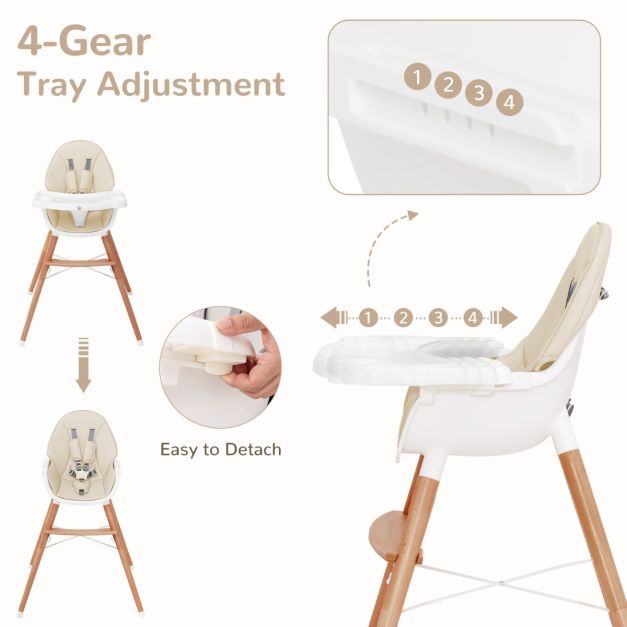 Wooden High Chair with Double 4-Gear Tray for Babies