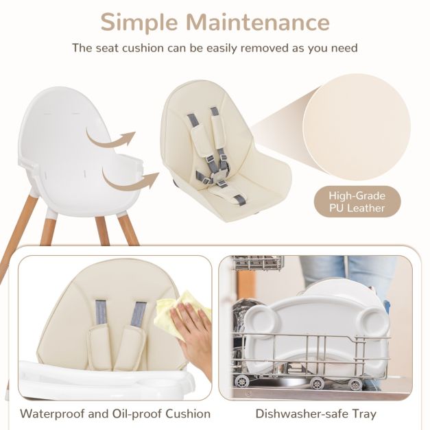 Wooden High Chair with Double 4-Gear Tray for Babies