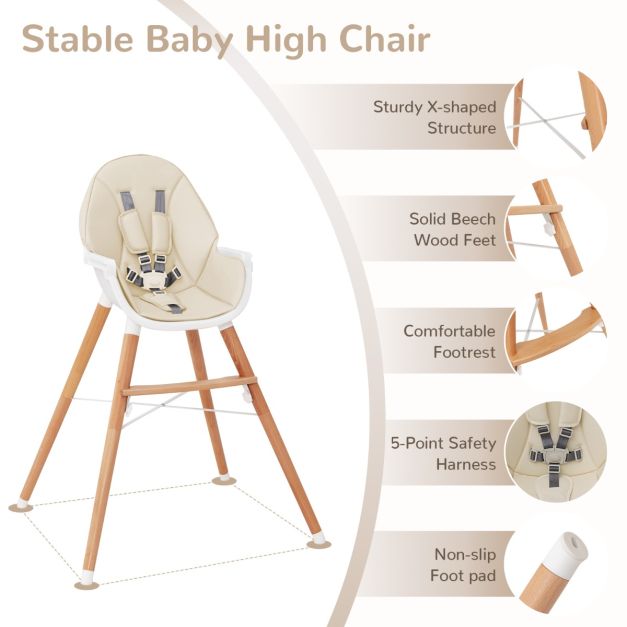 Wooden High Chair with Double 4-Gear Tray for Babies
