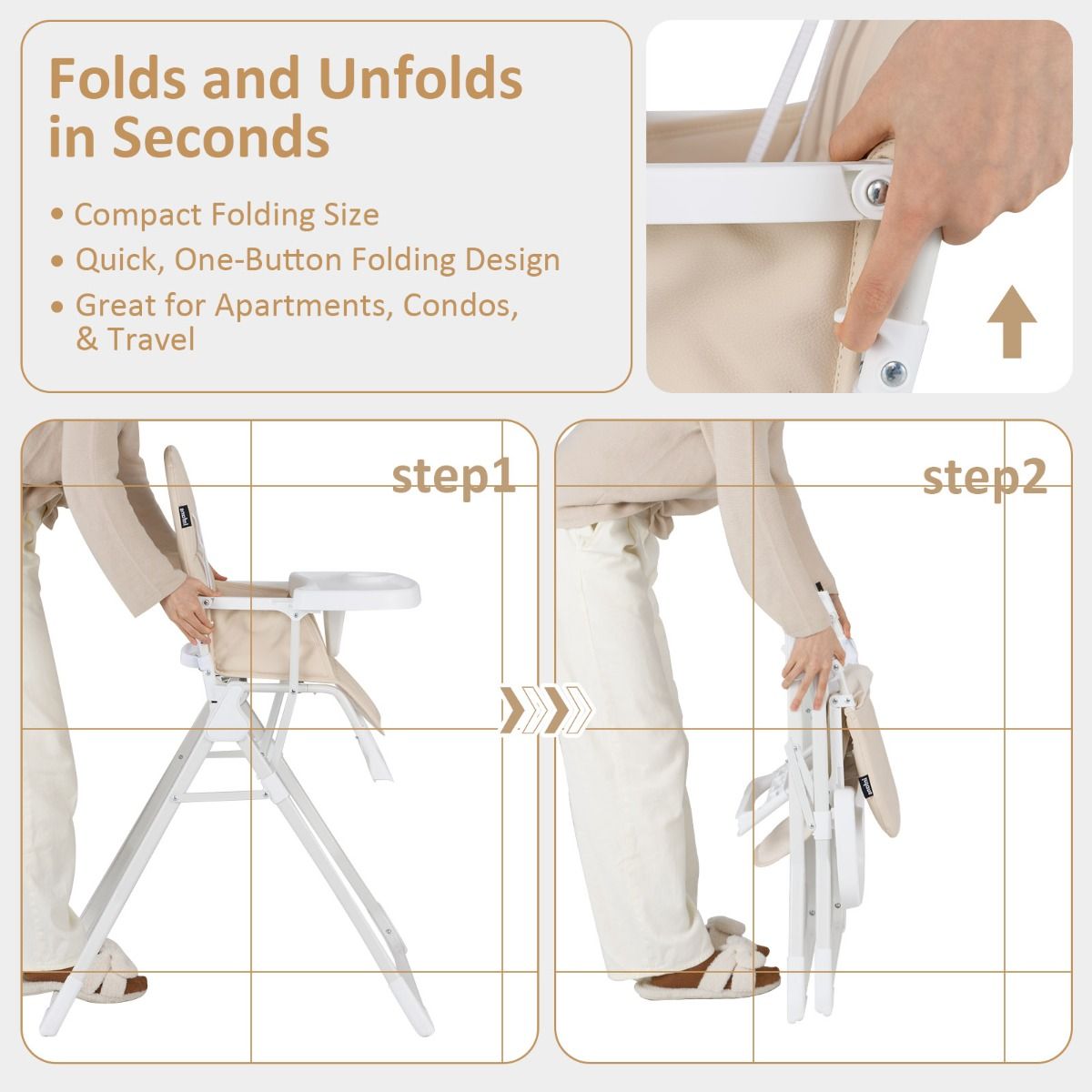 Baby Foldable High Chair with Removable Adjustable Tray and PU Seat Cushion