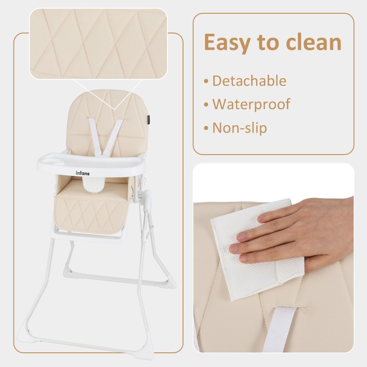 Baby Foldable High Chair with Removable Adjustable Tray and PU Seat Cushion
