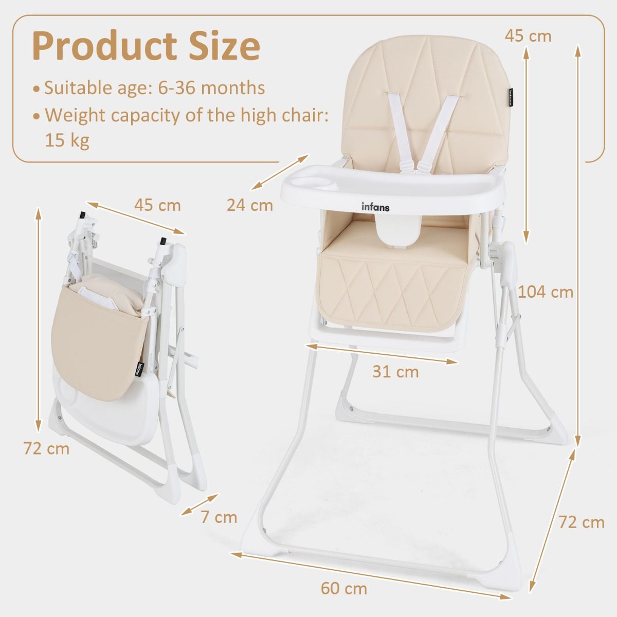 Baby Foldable High Chair with Removable Adjustable Tray and PU Seat Cushion