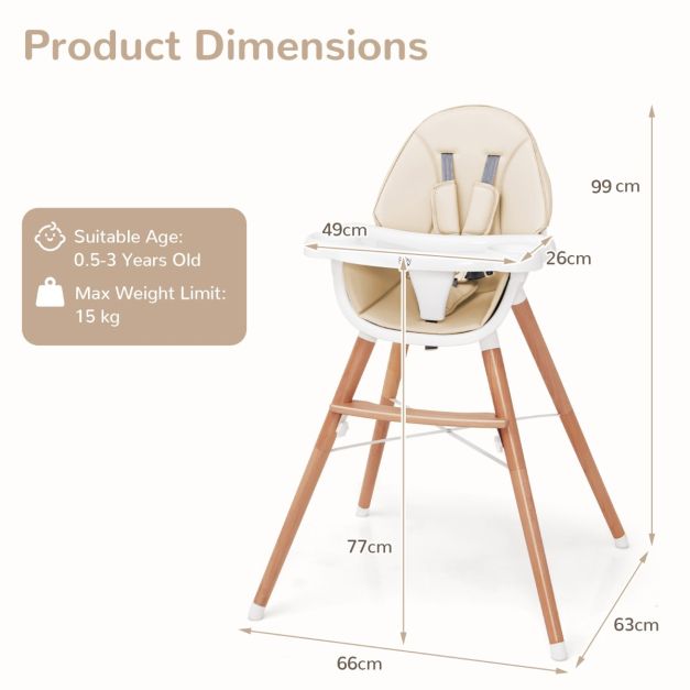 Wooden High Chair with Double 4-Gear Tray for Babies