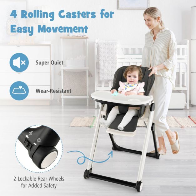 Foldable high chair with tilted backrest and adjustable height