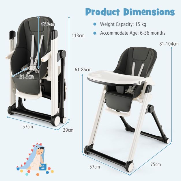 Foldable high chair with tilted backrest and adjustable height