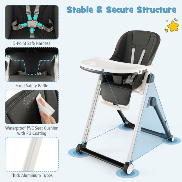 Foldable high chair with tilted backrest and adjustable height