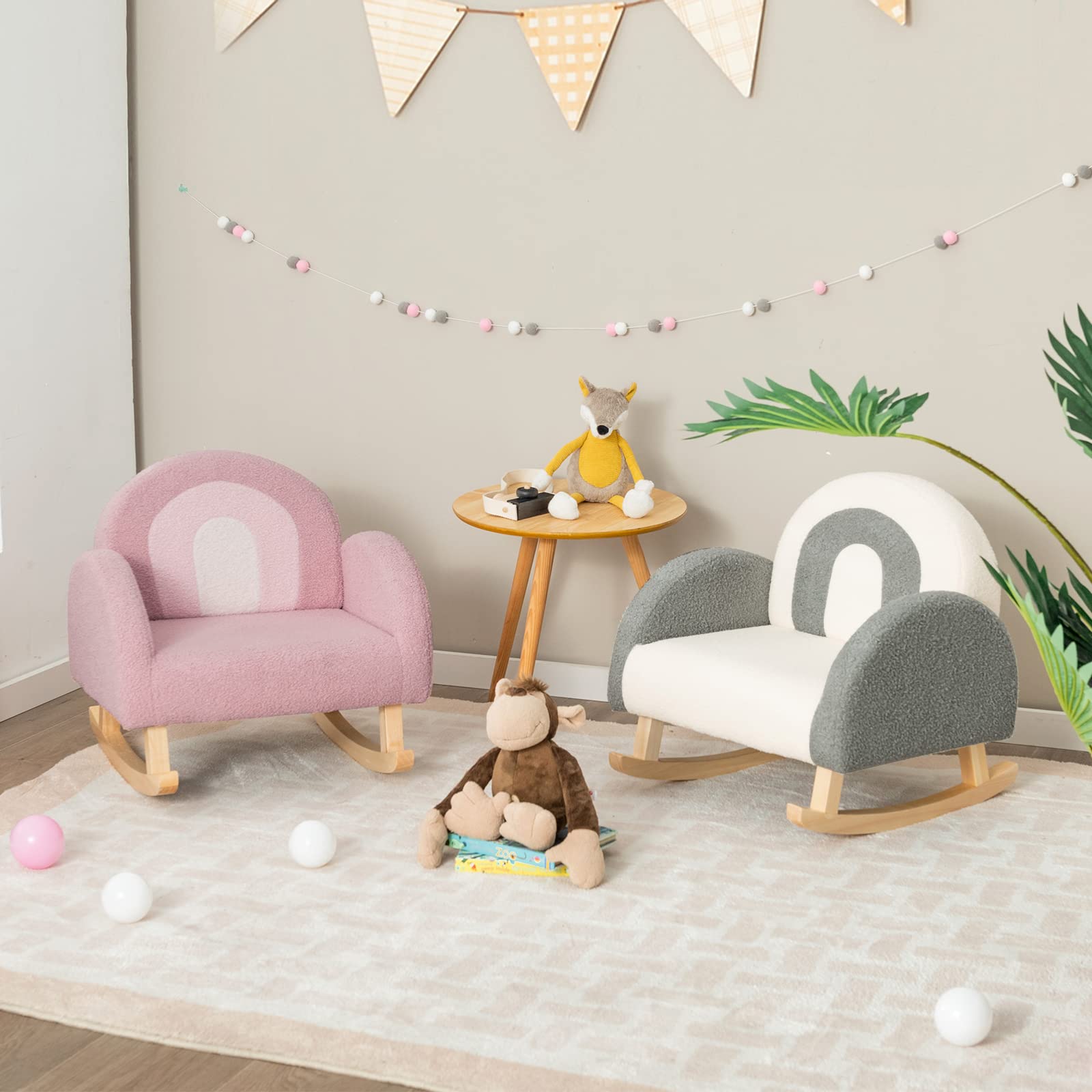INFANS Kids Sofa Toddler Rocking Chair with Solid Wooden Frame, Anti-Tipping Design