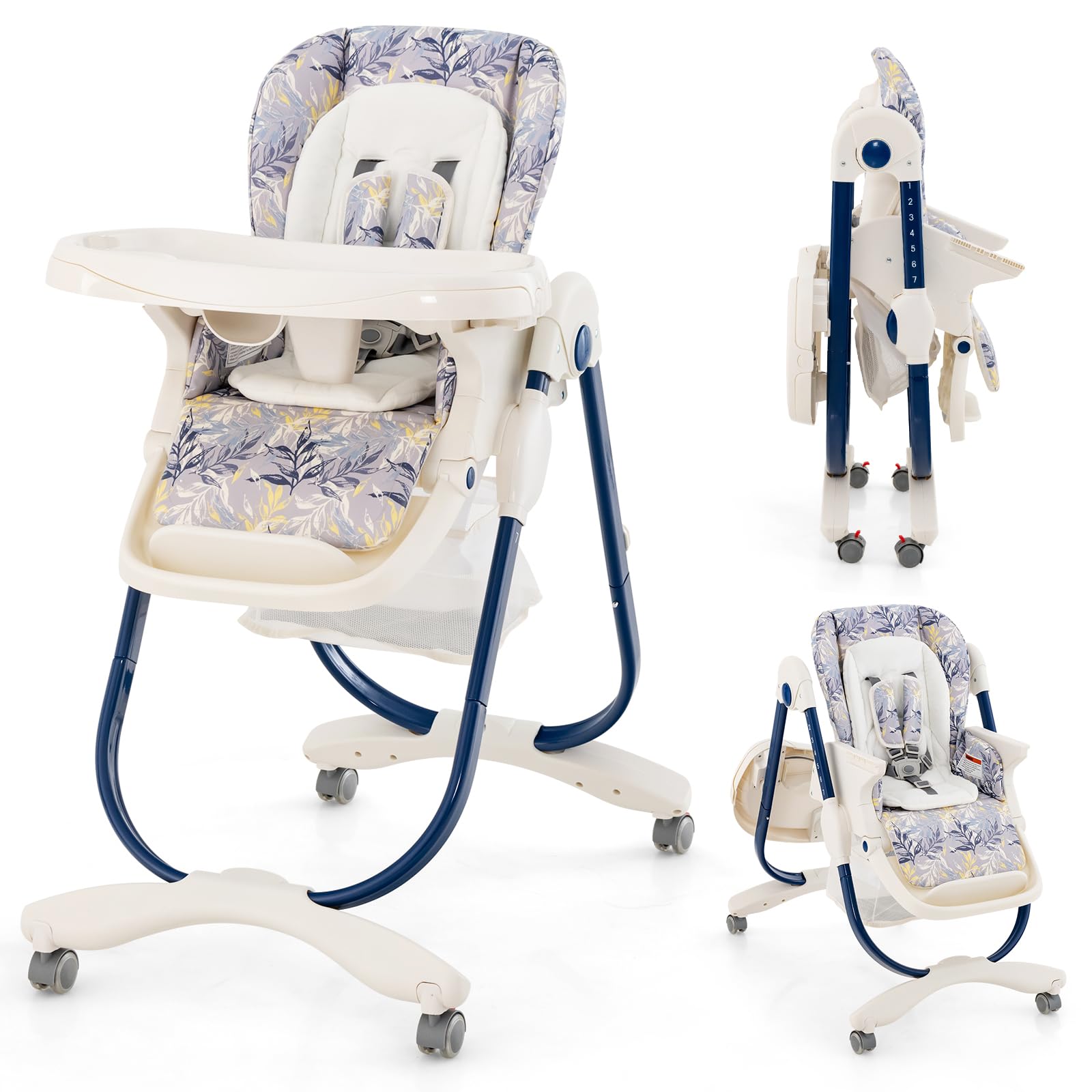 High Chair for Babies & Toddlers Folding Baby Highchair w/Rolling Wheels Adjustable Height
