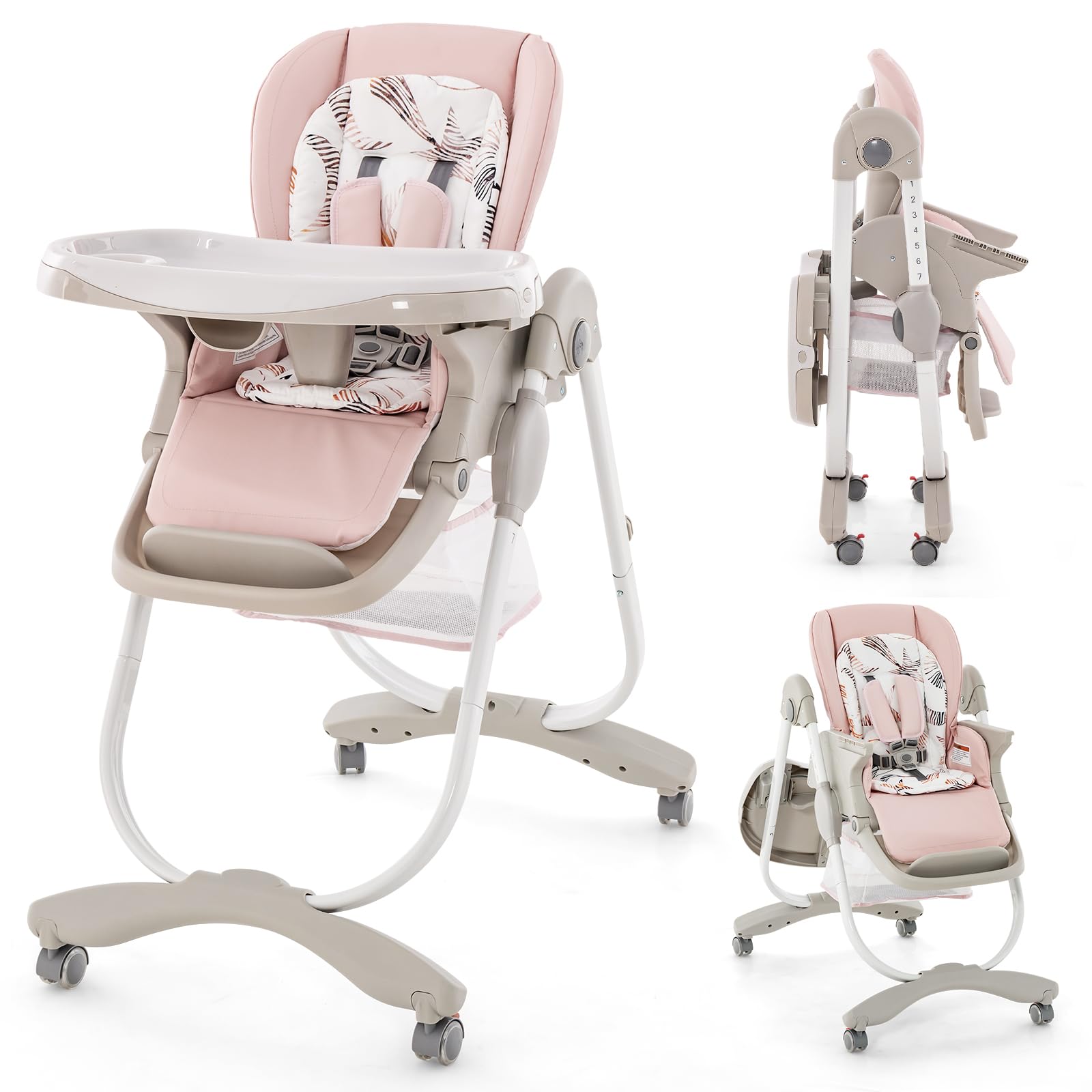 High Chair for Babies & Toddlers Folding Baby Highchair w/Rolling Wheels Adjustable Height