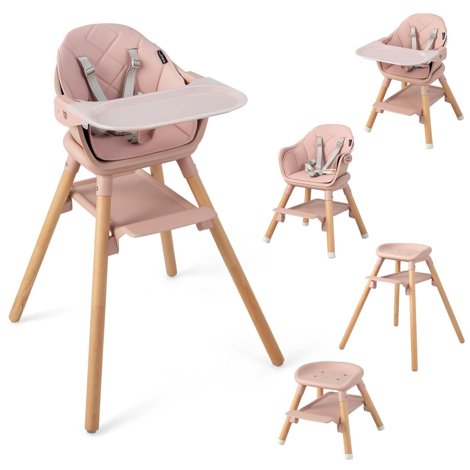6-in-1 Convertible Wooden High Chair Baby High Chair with Double Dishwasher Safe Trays