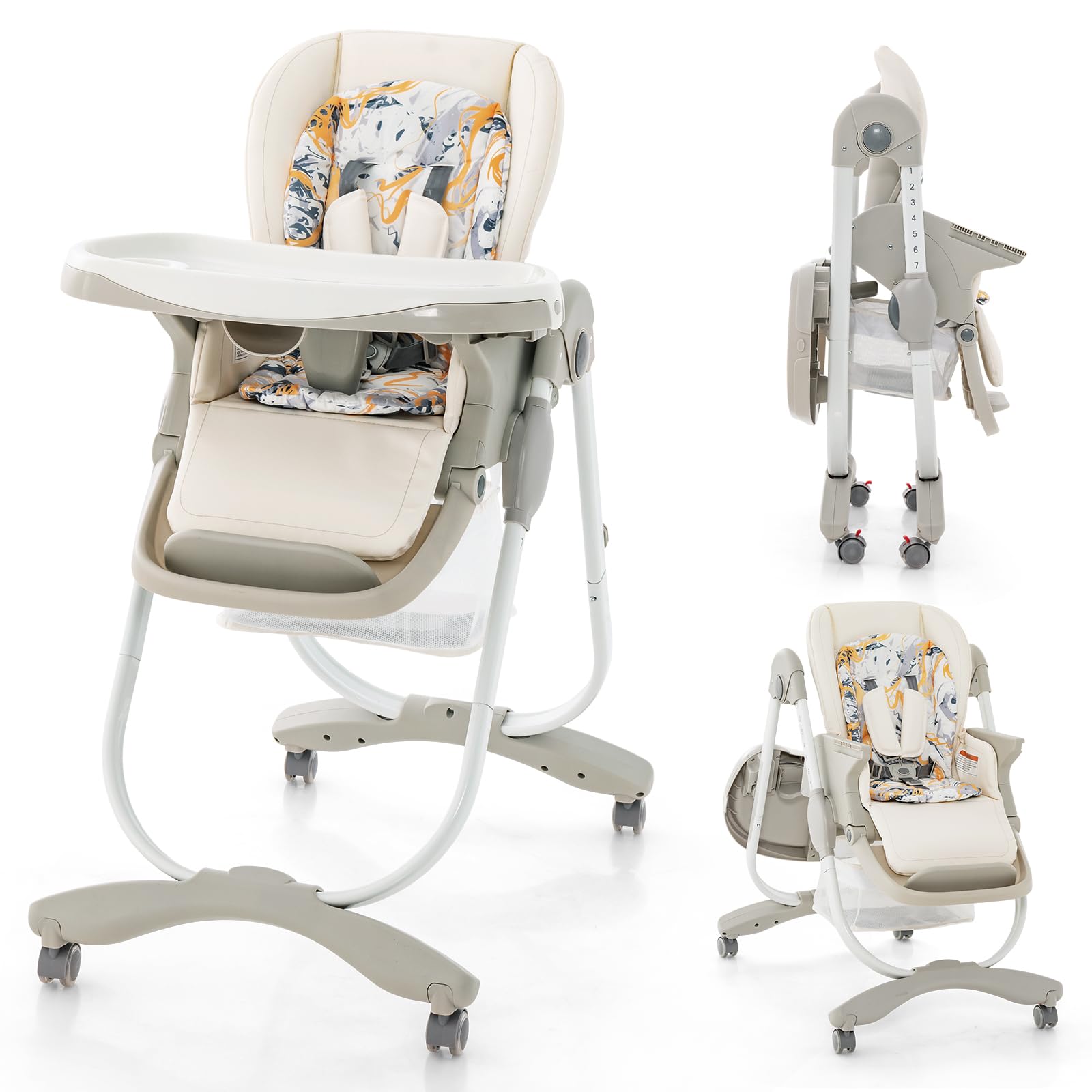 High Chair for Babies & Toddlers Folding Baby Highchair w/Rolling Wheels Adjustable Height