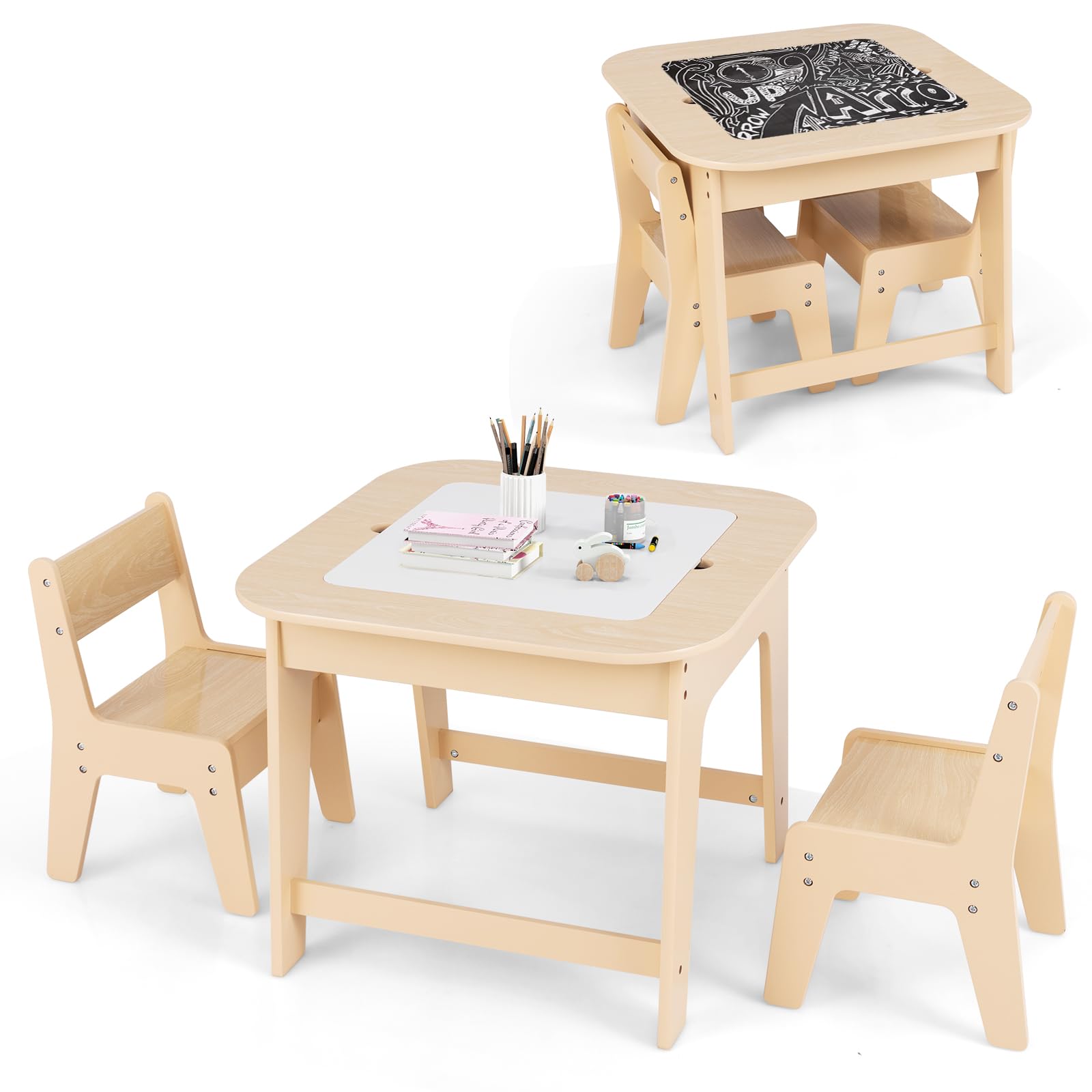 INFANS Kids Table and Chair Set, 3 in 1 Wooden Activity Table with Removable Blackboard and Whiteboard