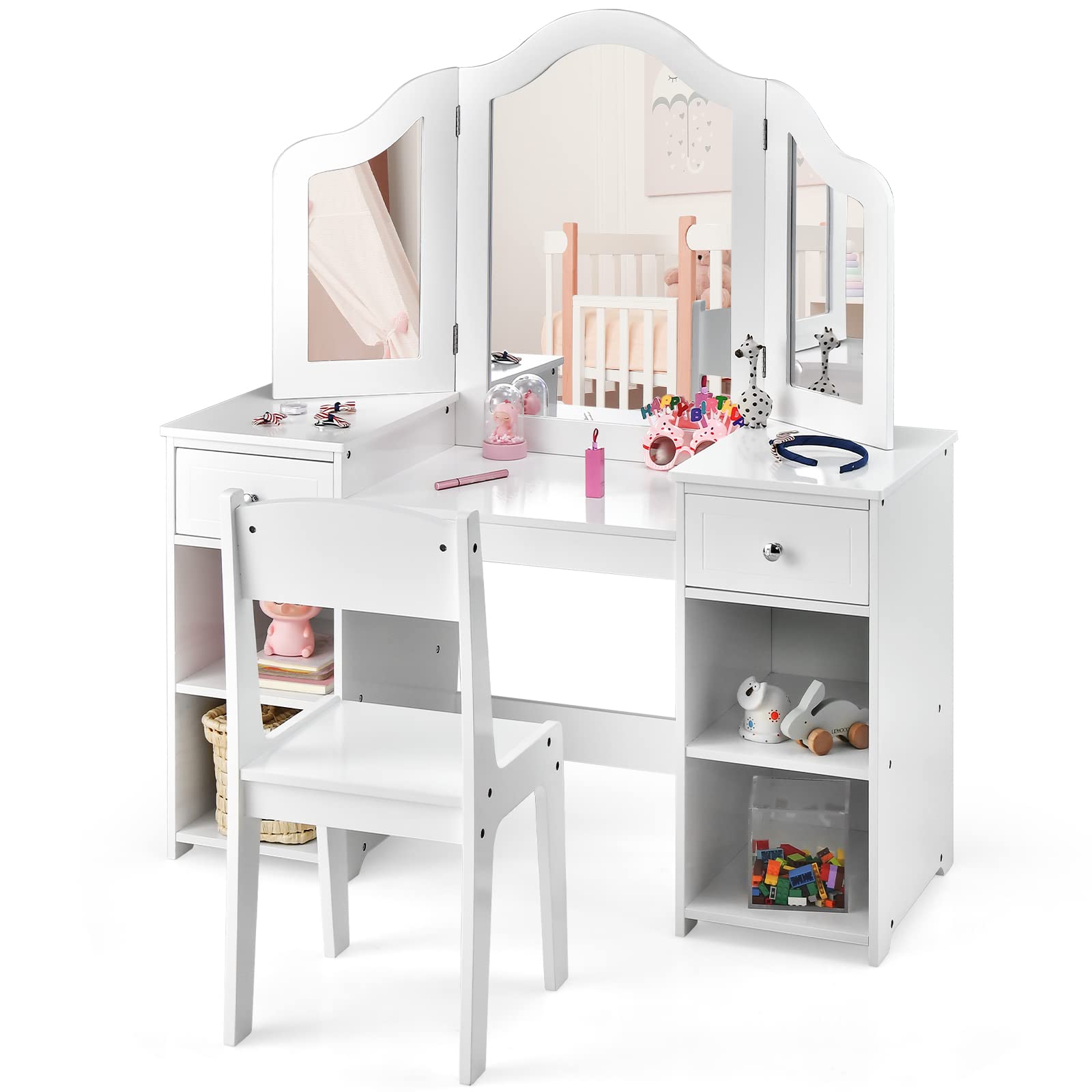 INFANS 2 in 1 Princess Makeup Desk and Chair Set with Drawers Tri-Folding Detachable Mirror Large Storage Shelves