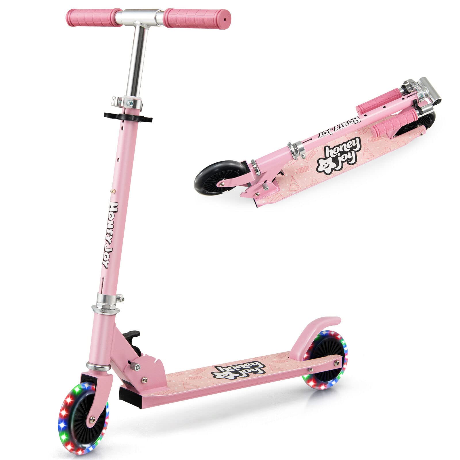 Kids Folding Kick Scooter, Scooter for Toddlers w/3 Adjustable Heights, 2 Light Up Flashing Wheels & Rear Brake System