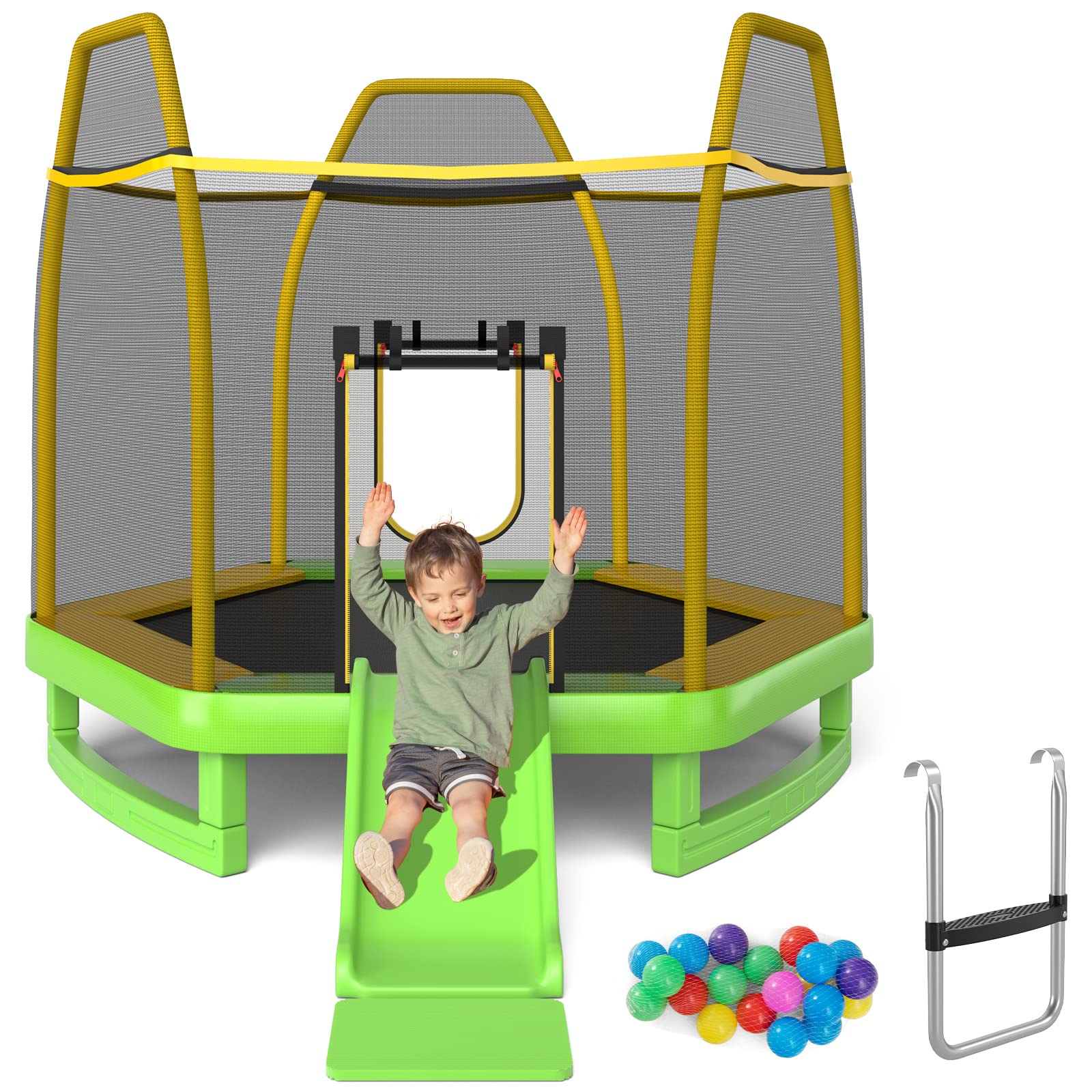 Trampoline for Kids, 7FT Kids Trampoline w/Slide, Ladder & Ocean Balls, Indoor Outdoor Trampoline