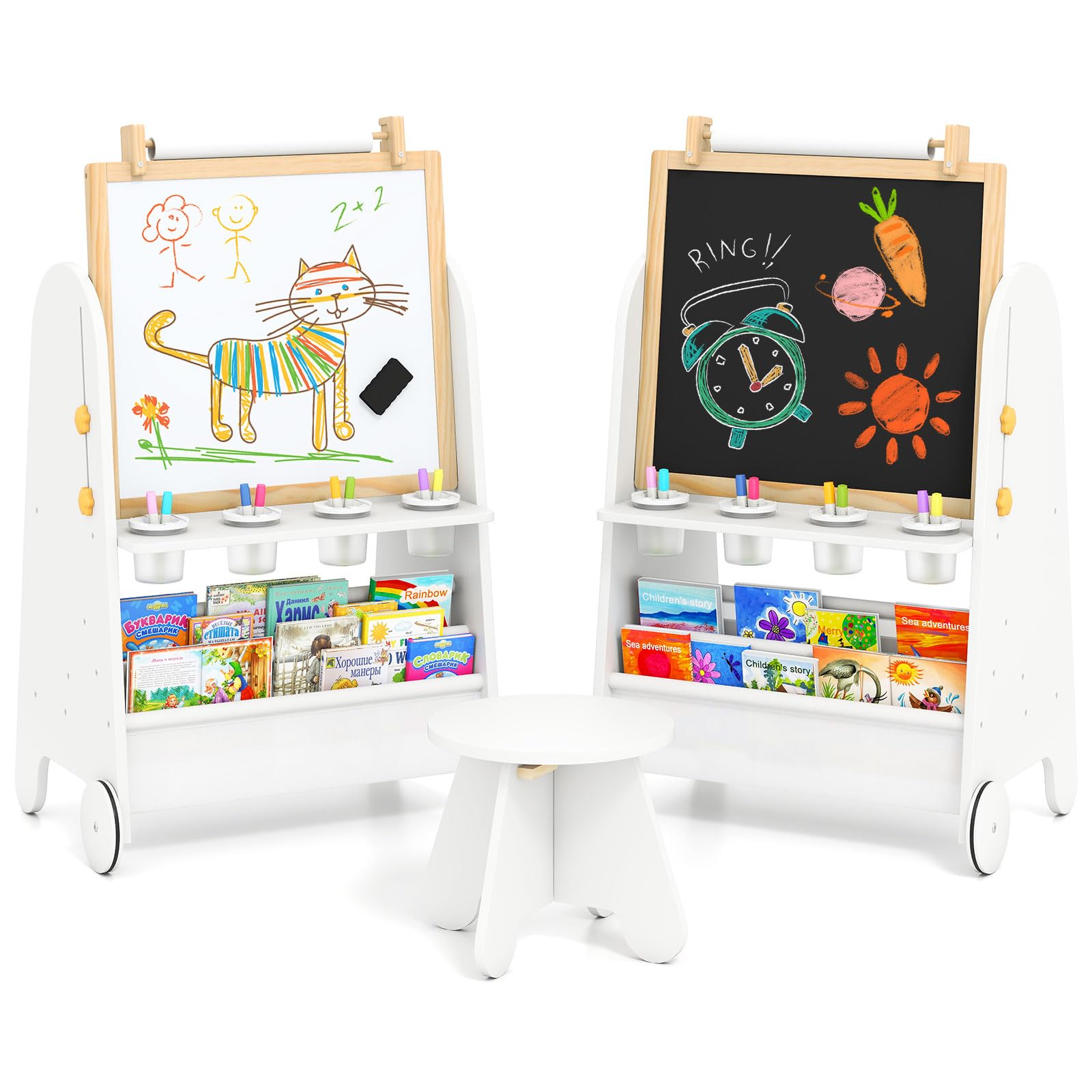 INFANS Easel for Kids with Stool, 4-in-1 Double-Sided Adjustable Magnetic Chalkboard with Paper Roll