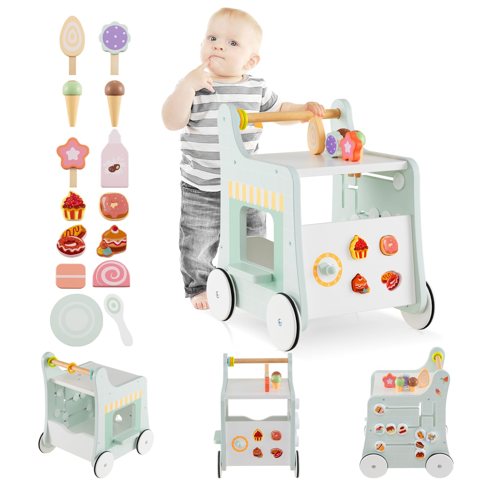 INFANS 6 in 1 Wooden Baby Walker Play Kitchen Playset