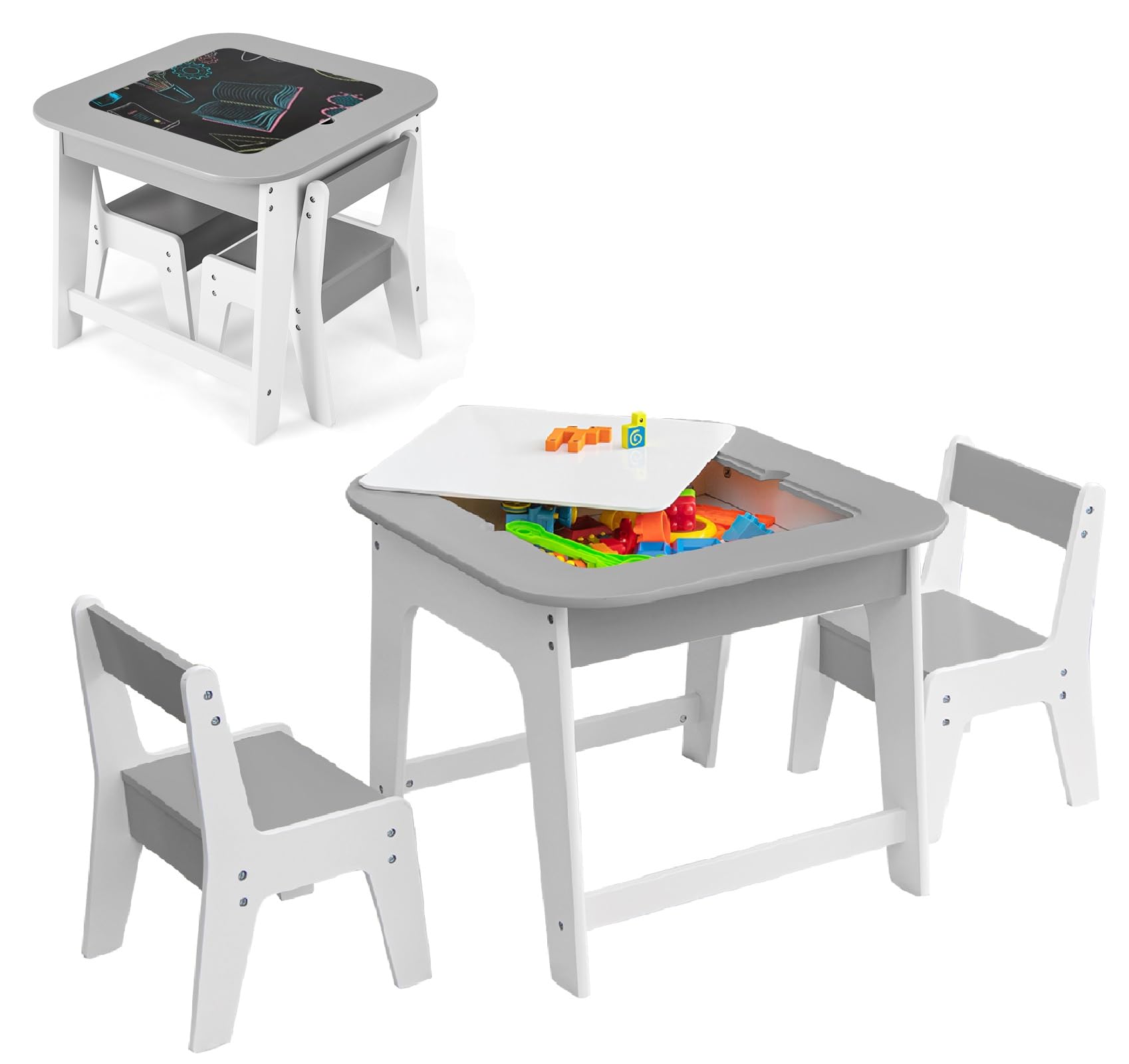 INFANS Kids Table and Chair Set, 3 in 1 Wooden Activity Table with Removable Blackboard and Whiteboard