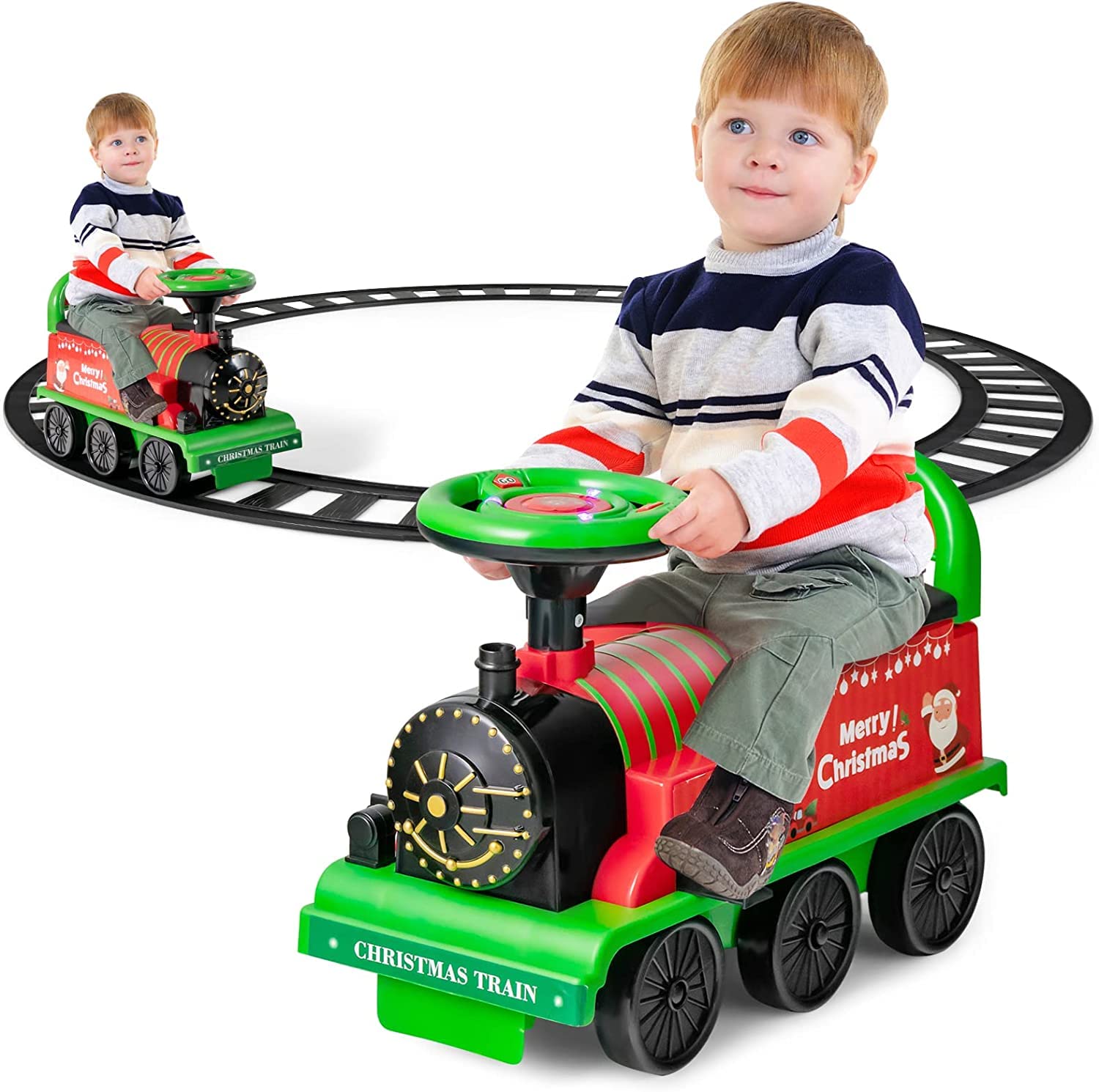 Ride on Train Track, 6V Electric Ride on Train with Tracks, Storage Seat, Flashing Lights & Music
