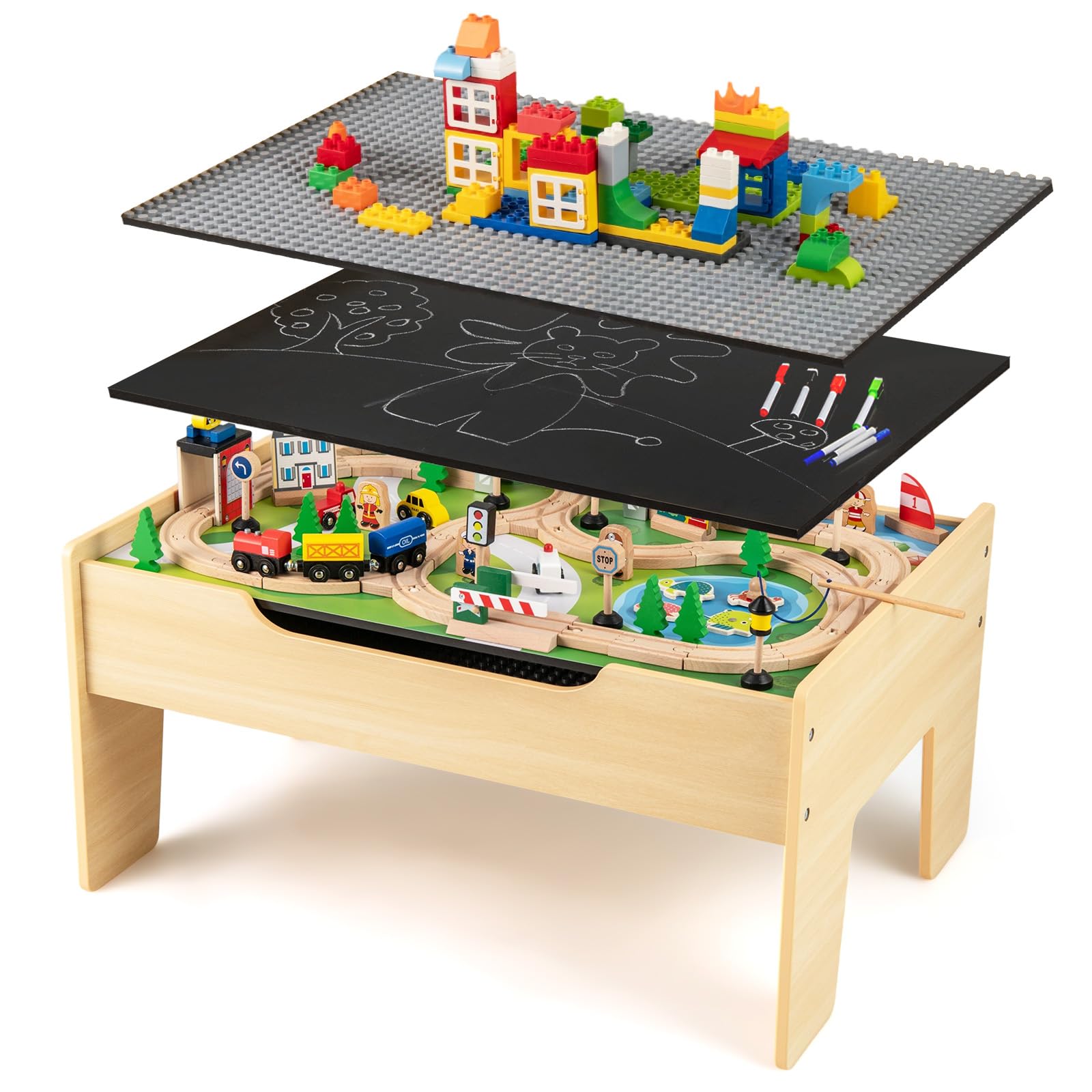 INFANS Train Table, 78 Pieces Wooden Kids Activity Toy Table Playset with Reversible Detachable Blackboard Tabletop