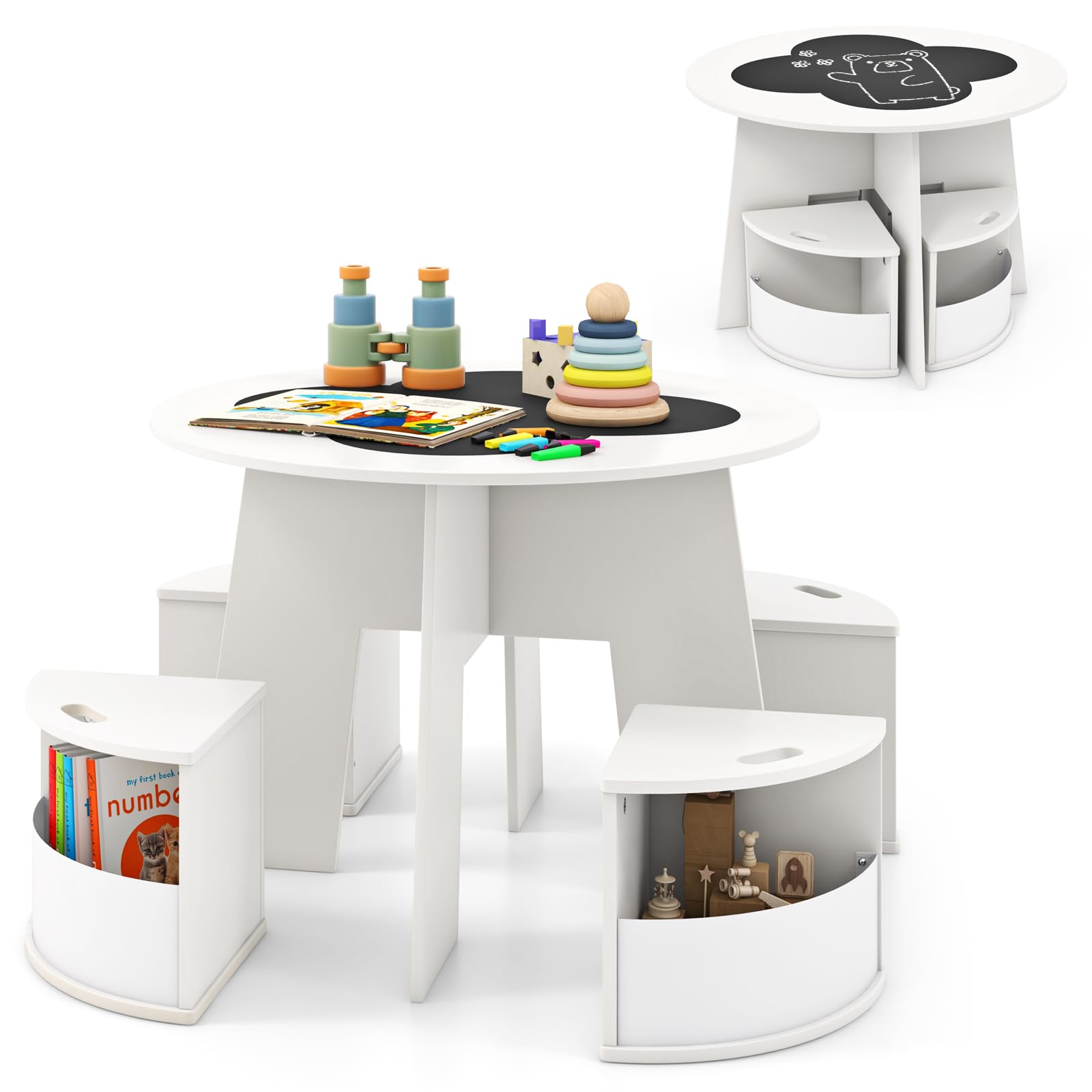INFANS Toddler Table and Chair Set with 4 Storage Stools
