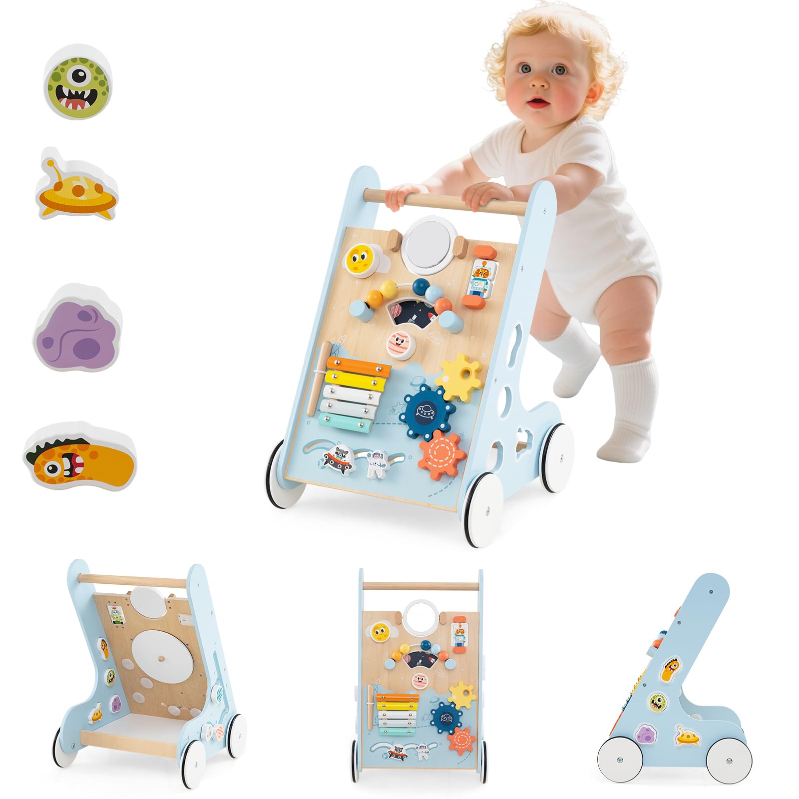 INFANS Wooden Baby Walker Montessori with Multiple Activity Toys