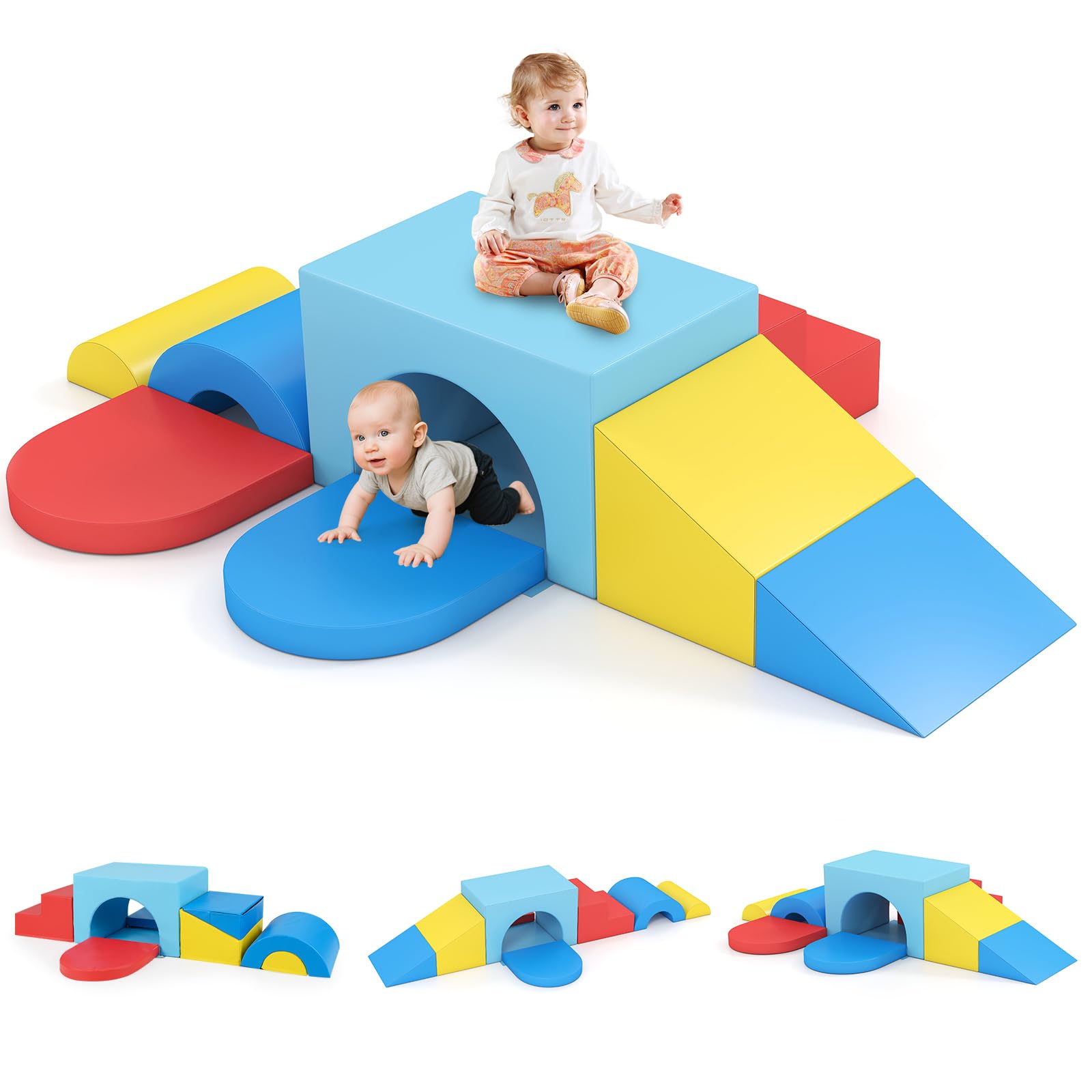 OLAKIDS Toddler Climbing Toys Indoor, 7 Pieces Baby Foam Blocks Soft Play Set with PU Leather