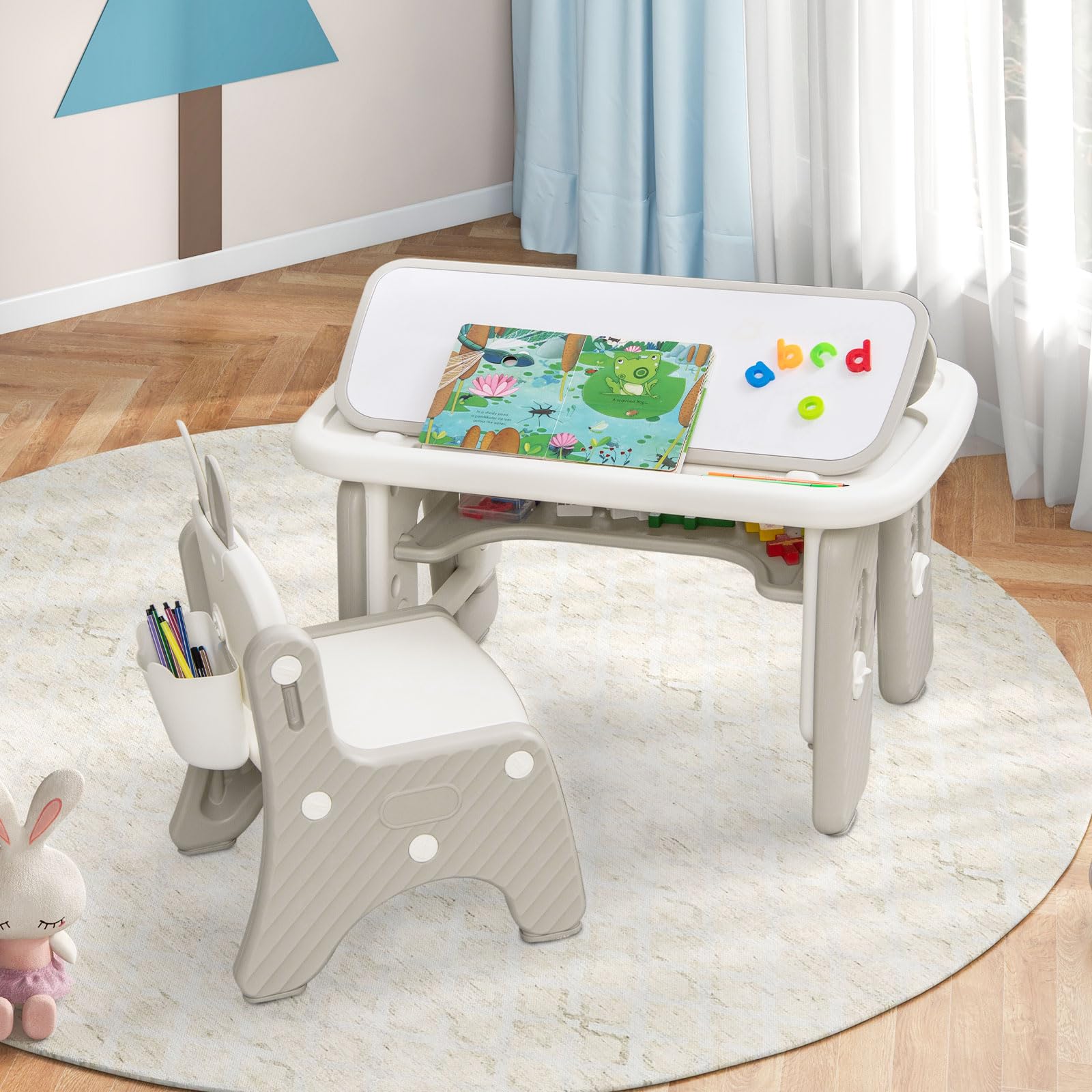 INFANS Kids Table and Chair Set Activity Table with Magnetic Drawing Board