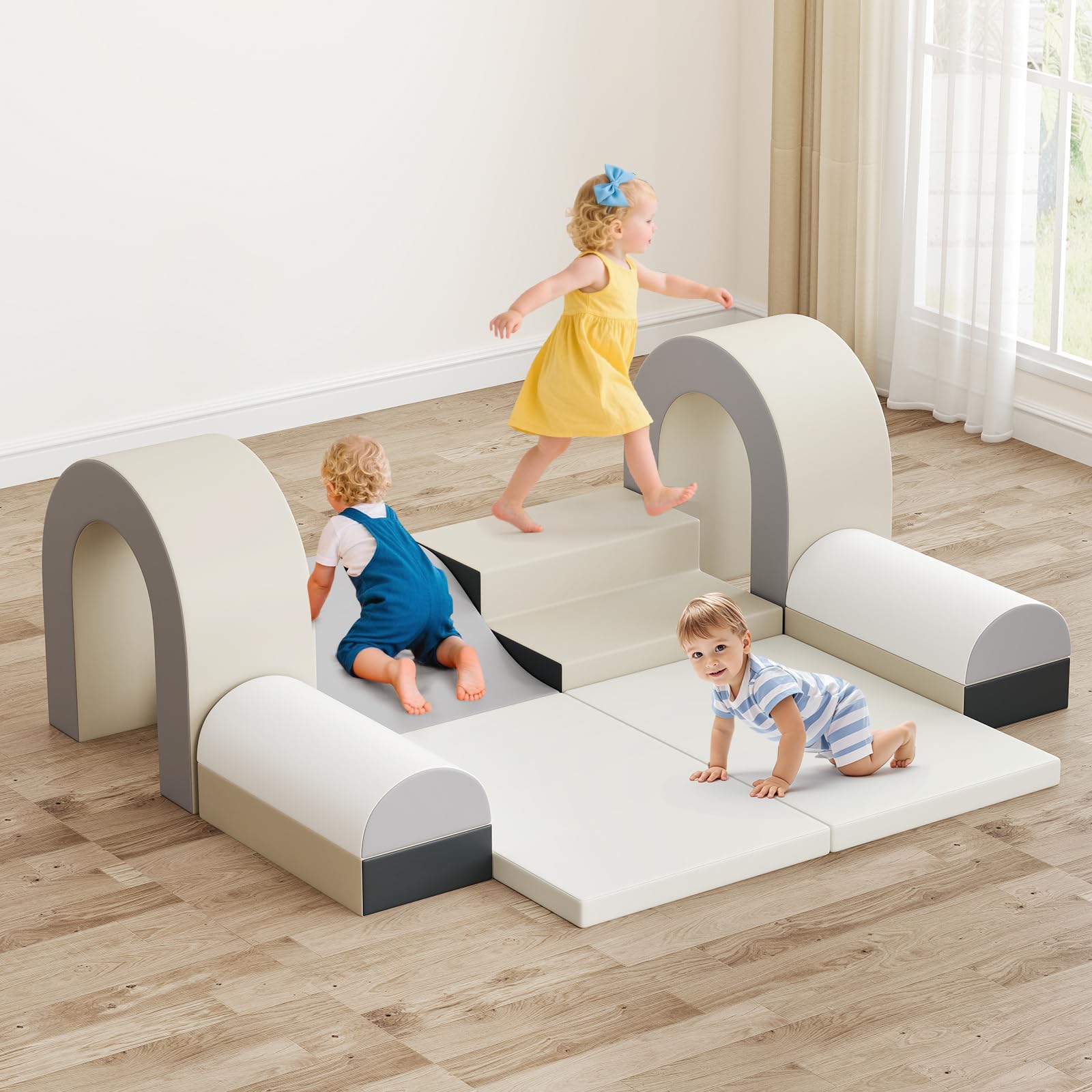 OLAKIDS Toddler Climbing Toys Indoor, 10 Pieces Baby Foam Blocks Soft Play Set with PU Leather