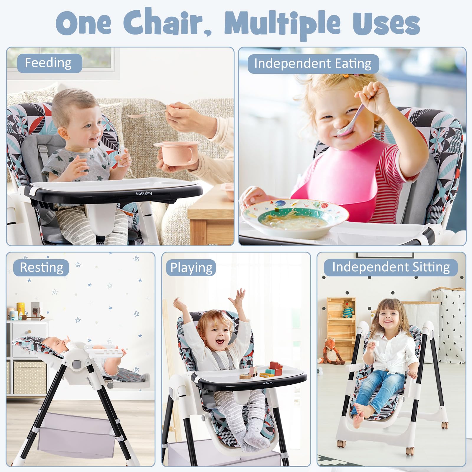 5-in-1 folding baby high chair with wheels and footstool