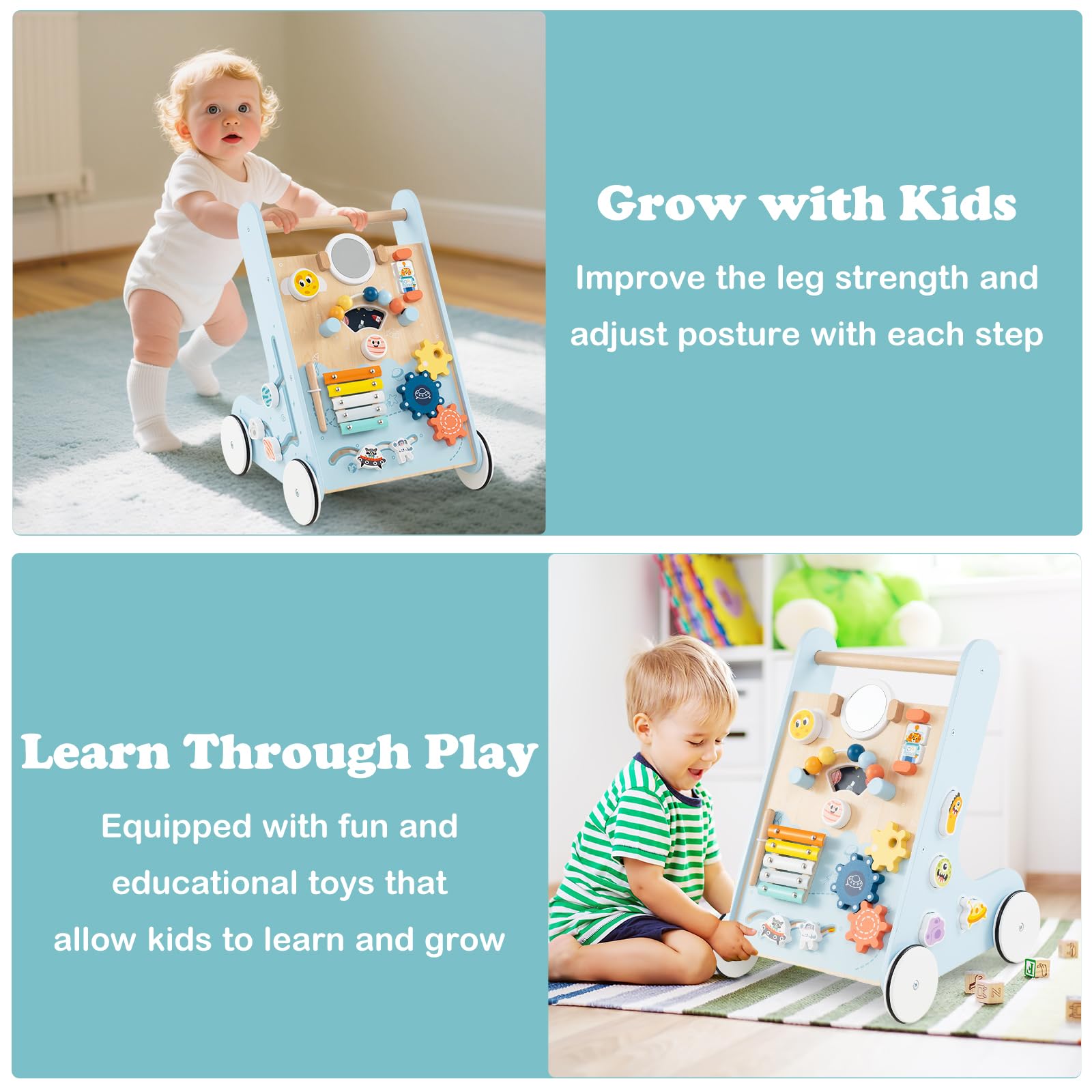 INFANS Wooden Baby Walker Montessori with Multiple Activity Toys