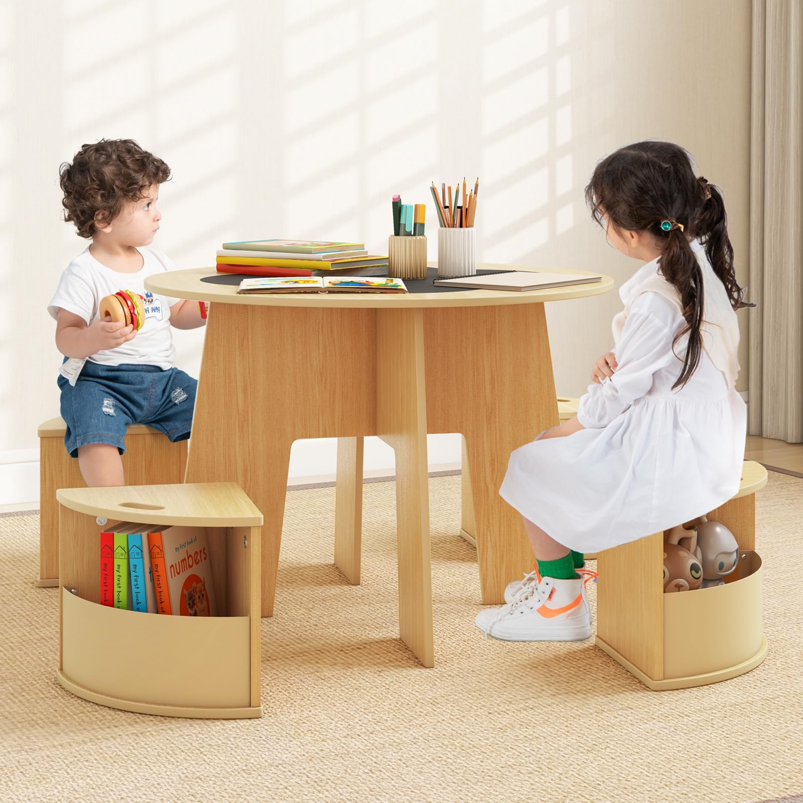INFANS Toddler Table and Chair Set with 4 Storage Stools