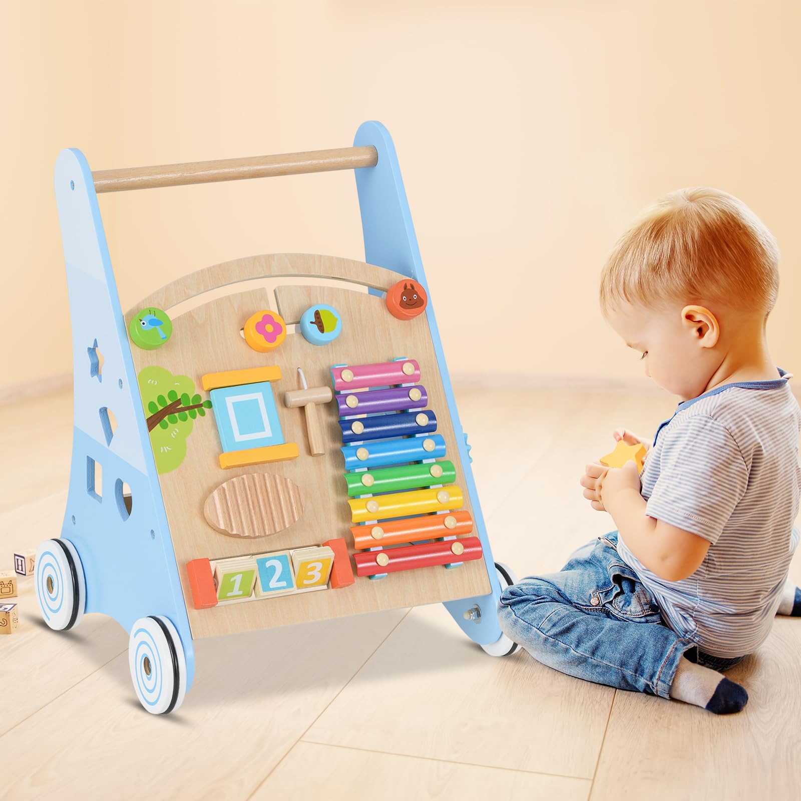 INFANS Wooden Baby Walker, Montessori Walker with Multiple Activity Toys