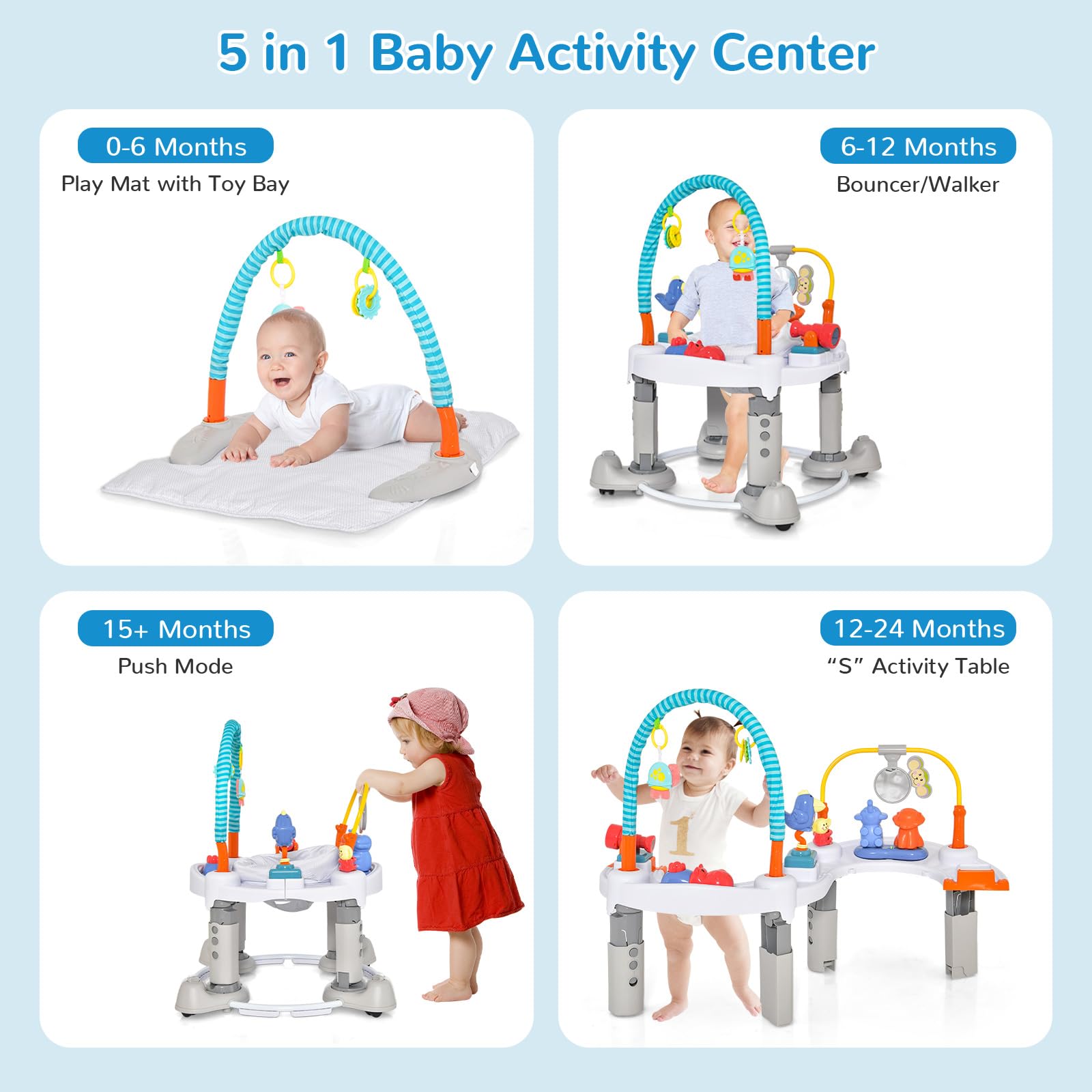 INFANS 5 in 1 Toddler Bouncing Activity Saucer Playtime Mat Activity Table with 360°Rotating Seat