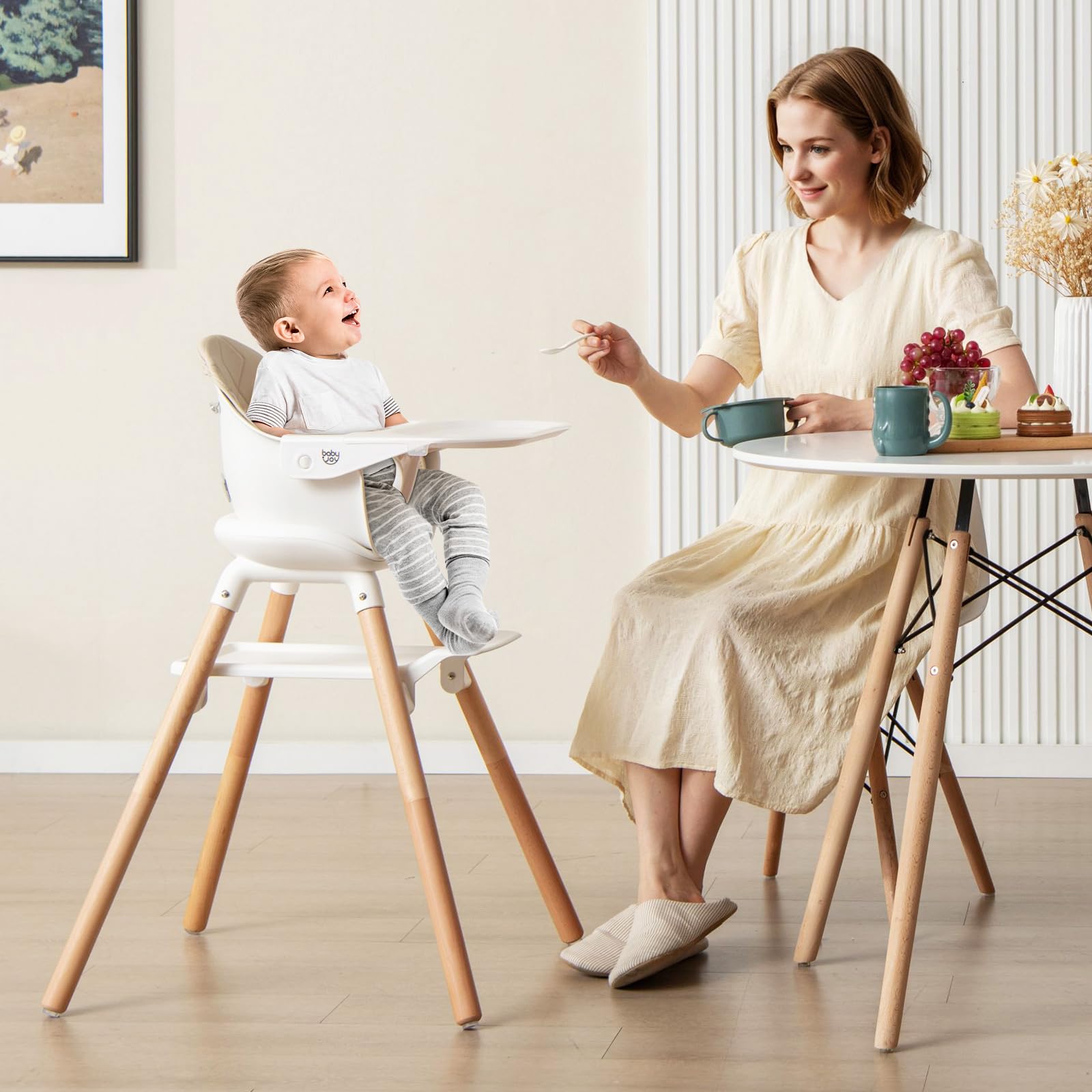 6-in-1 Convertible Wooden High Chair Baby High Chair with Double Dishwasher Safe Trays
