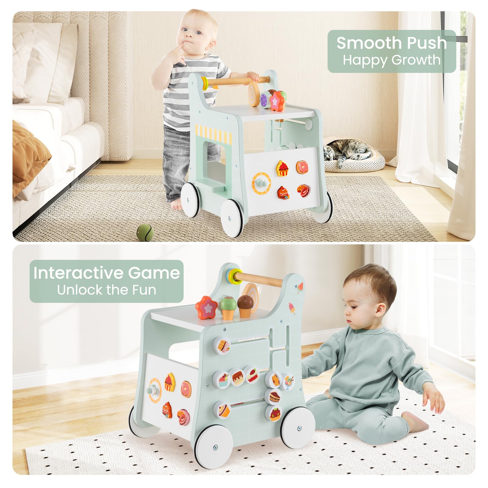 INFANS 6 in 1 Wooden Baby Walker Play Kitchen Playset