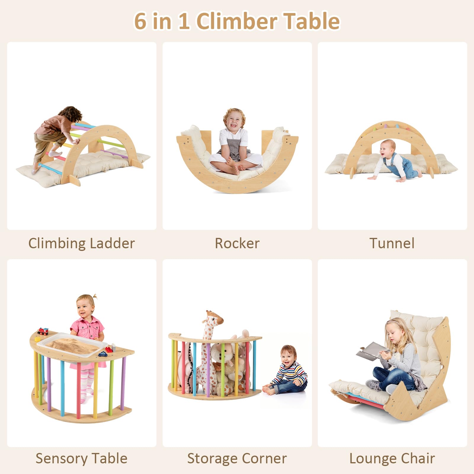 INFANS Wooden Arch Climber Rocker with Soft Cushion 6 in 1 Montessori Climbing Toys for Toddlers