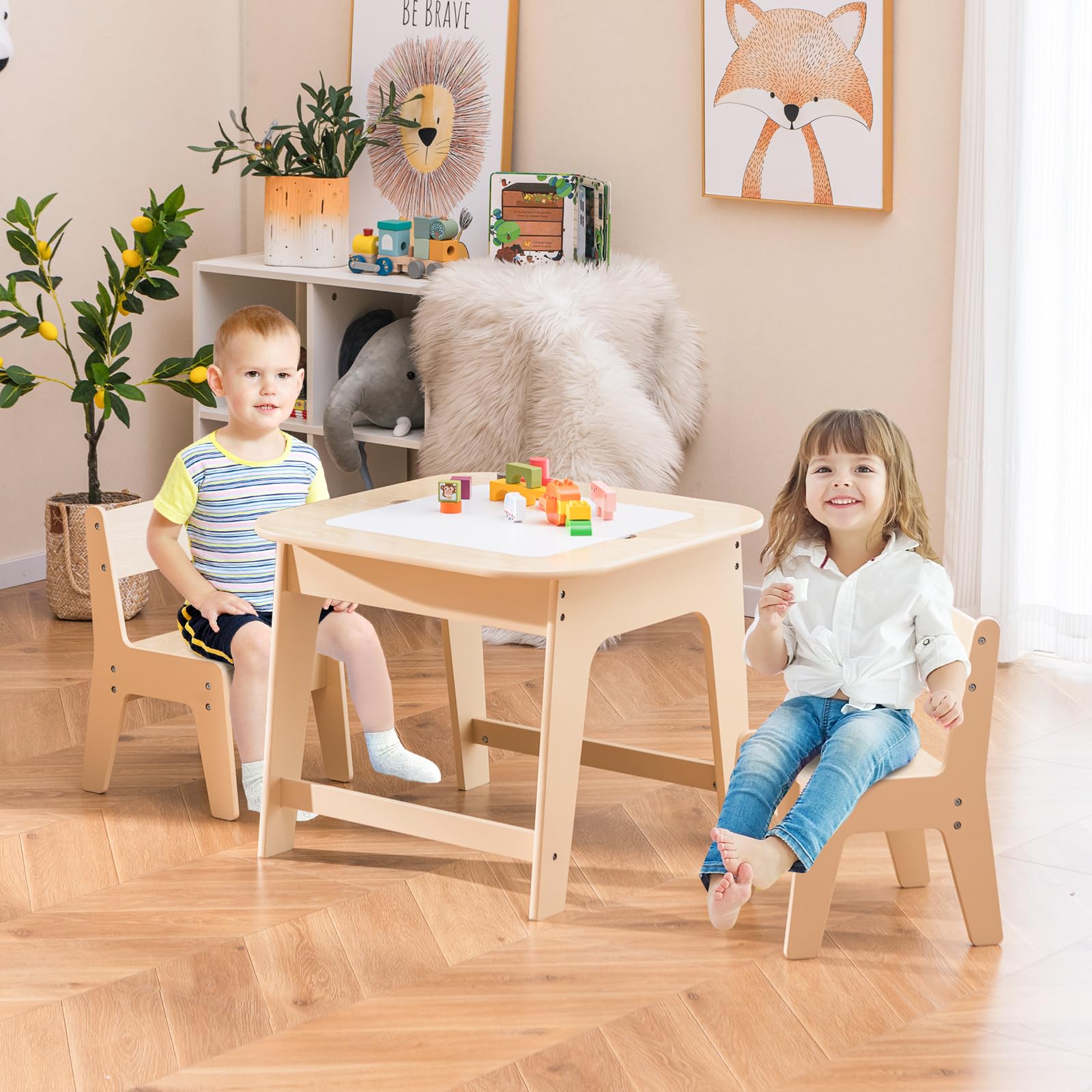 INFANS Kids Table and Chair Set, 3 in 1 Wooden Activity Table with Removable Blackboard and Whiteboard